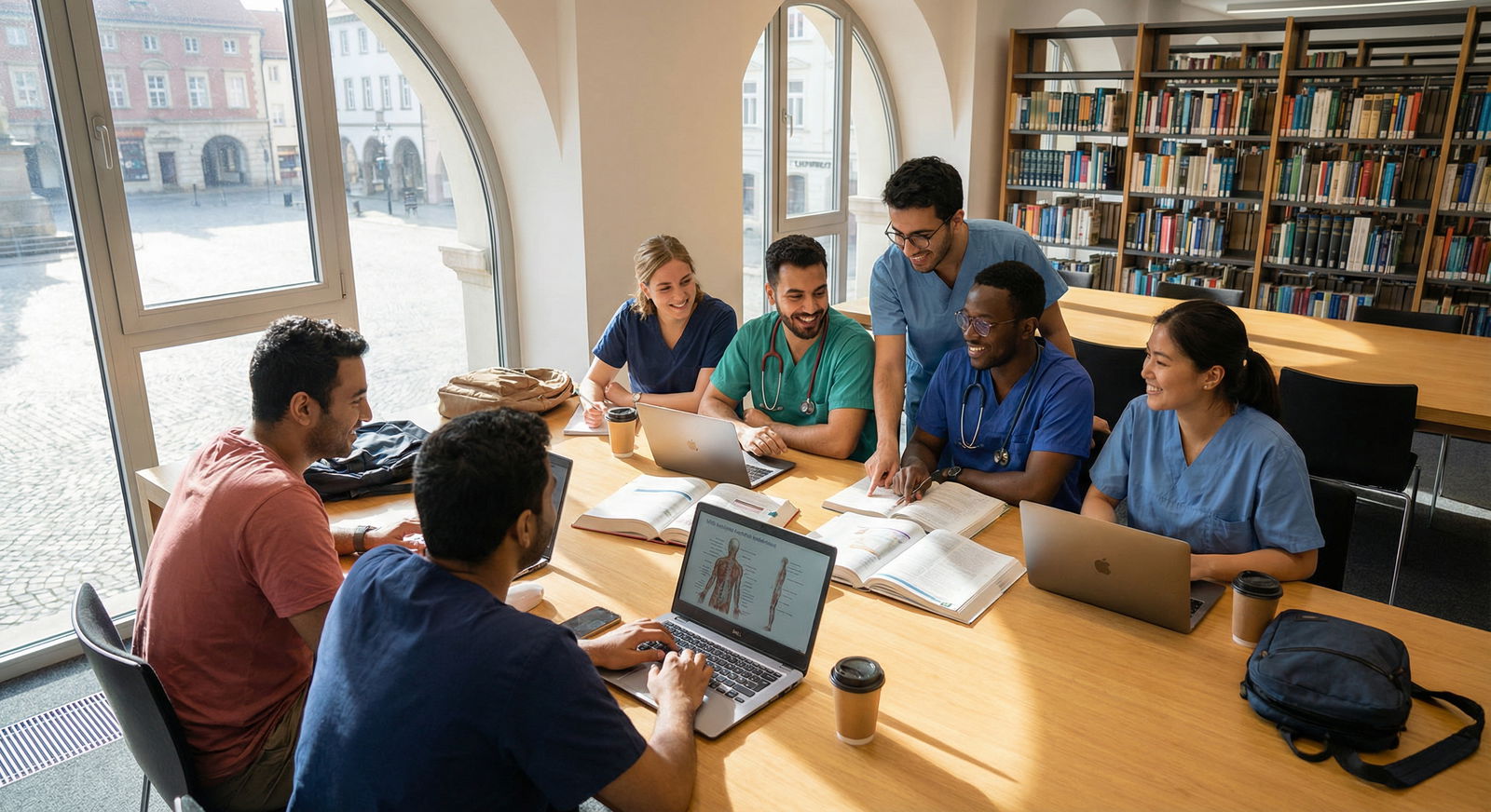 Medical students studying together in a European campus library - European Medical Schools for Your Ultimate Guide to Studyin