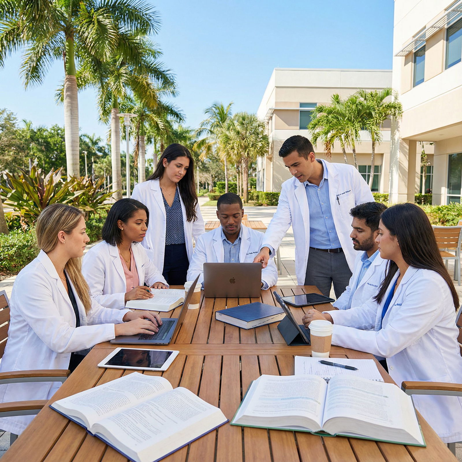 Medical students in white coats studying together in a Caribbean campus courtyard - Caribbean Medical Schools for Explore the