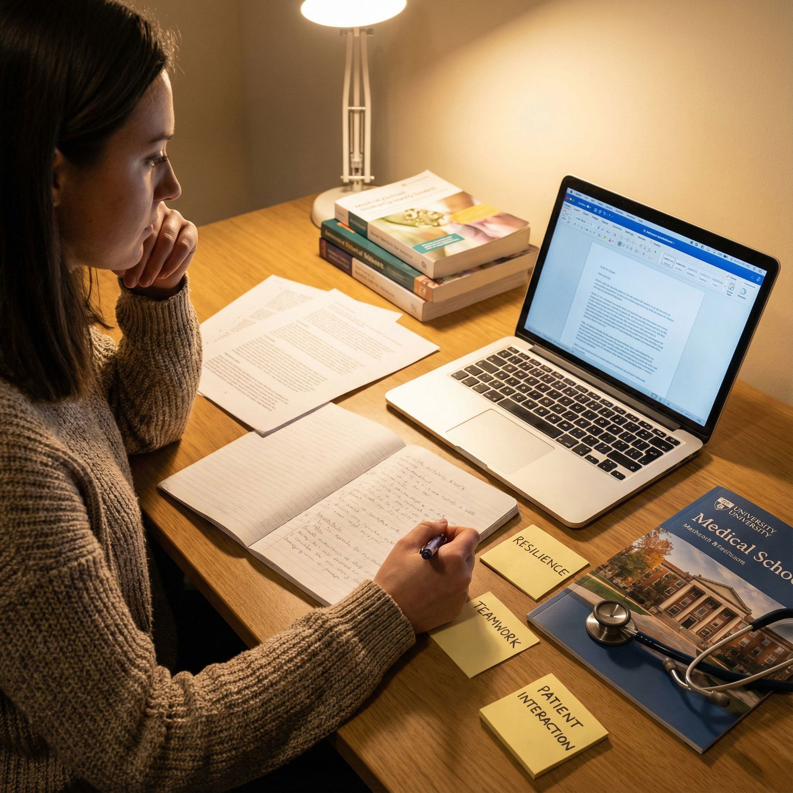 Premed student preparing interview stories with notes and laptop - Medical School Interview for Mastering Storytelling for Yo