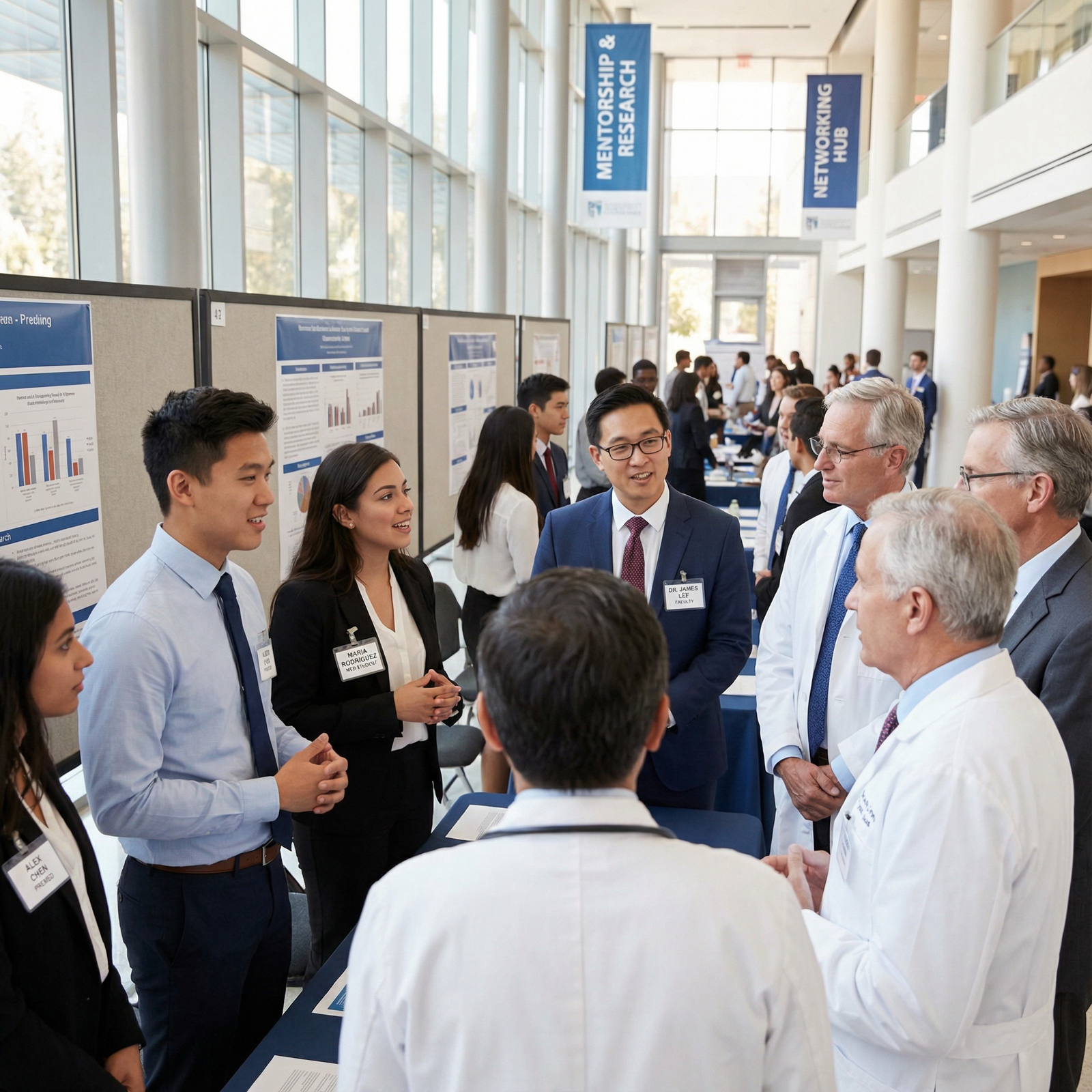 Premed students networking with physicians at a medical conference Premed students networking with physicians at a medical conference - Medical School for Essential Networking: Finding Mentors