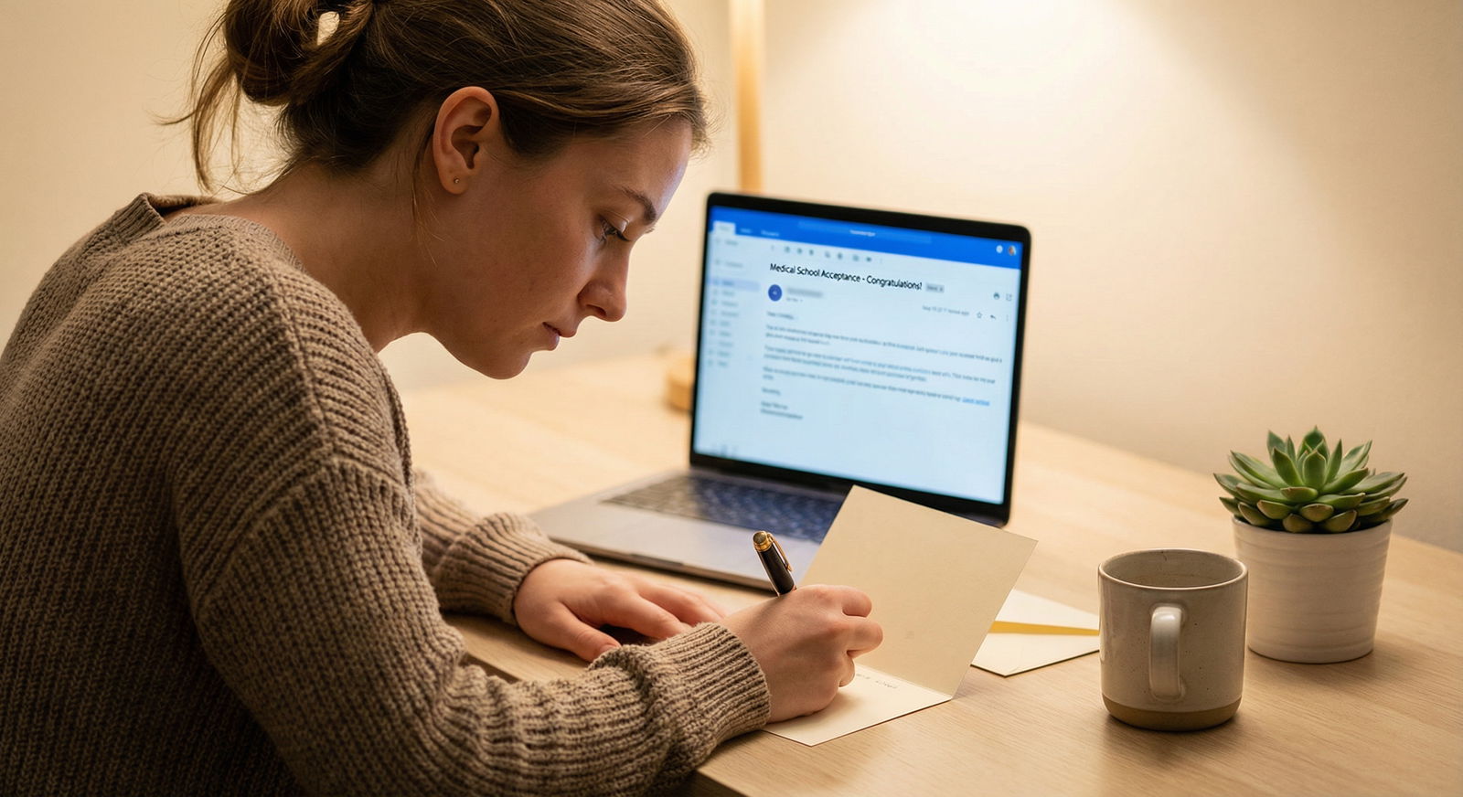 Student writing thank you note to mentor after receiving medical school acceptance - Medical School for Unlocking Med School