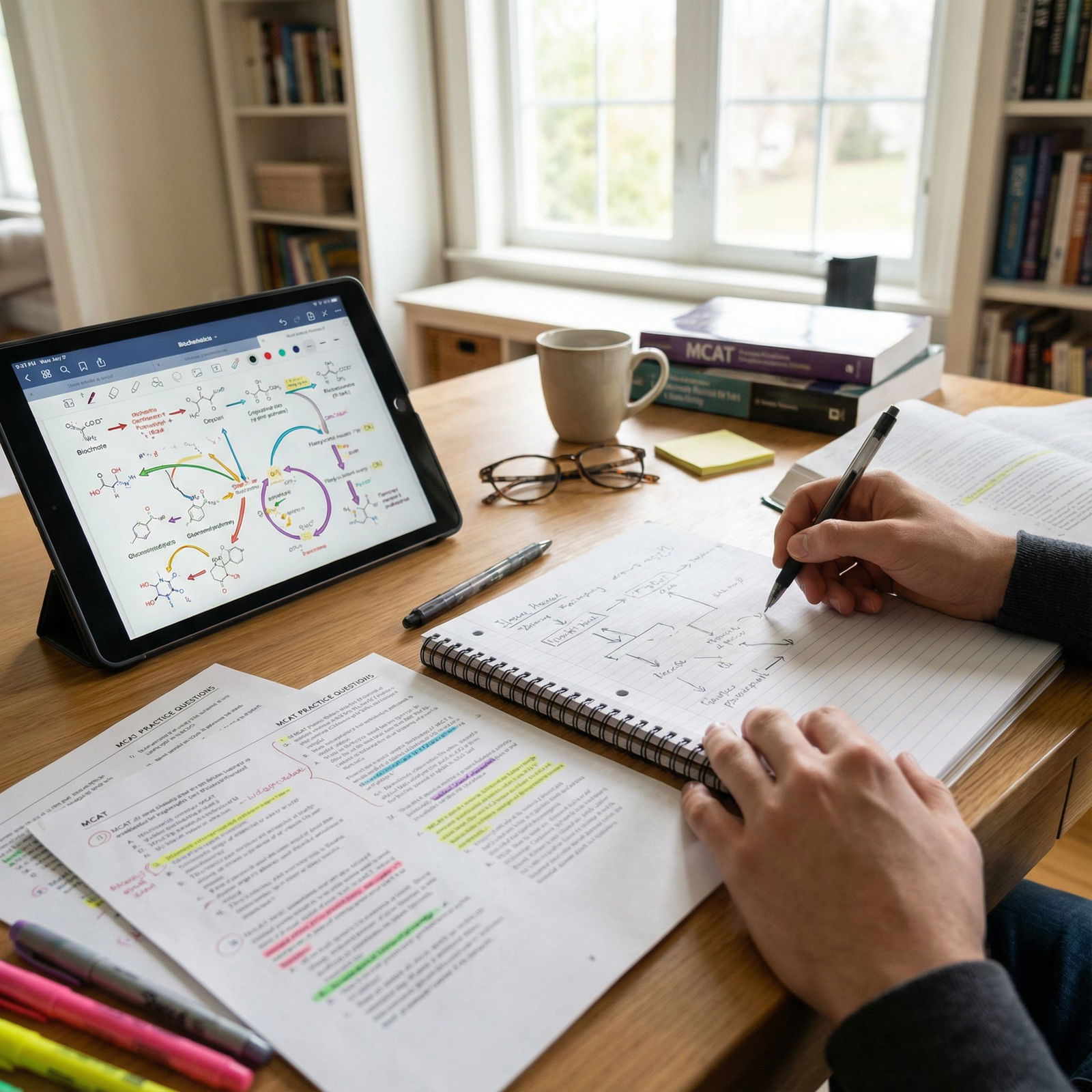 Visual and kinesthetic MCAT study setup with diagrams and practice questions - MCAT Preparation for Maximizing MCAT Success: