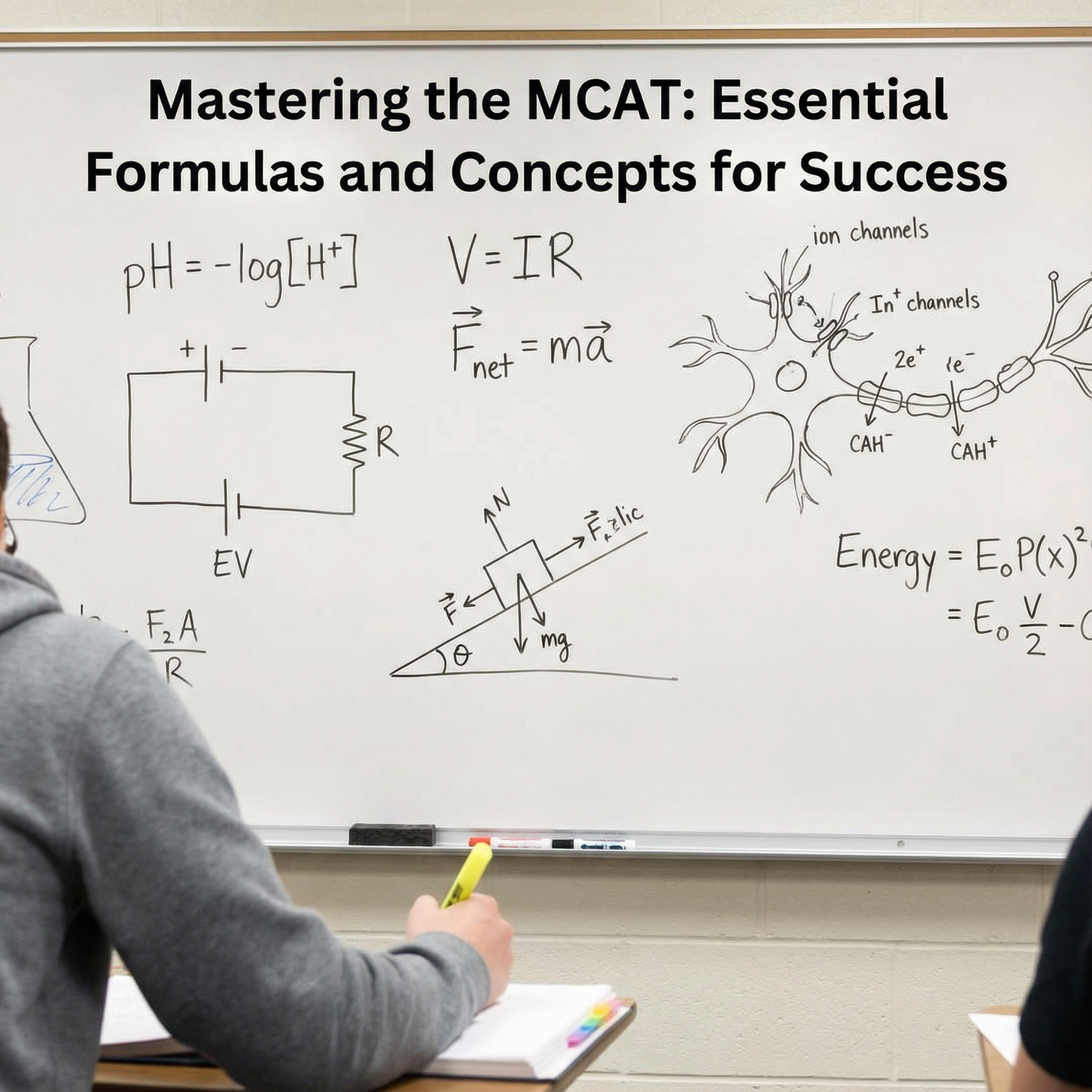 MCAT chemistry and physics concepts on whiteboard - MCAT Preparation for Mastering the MCAT: Essential Formulas and Concepts