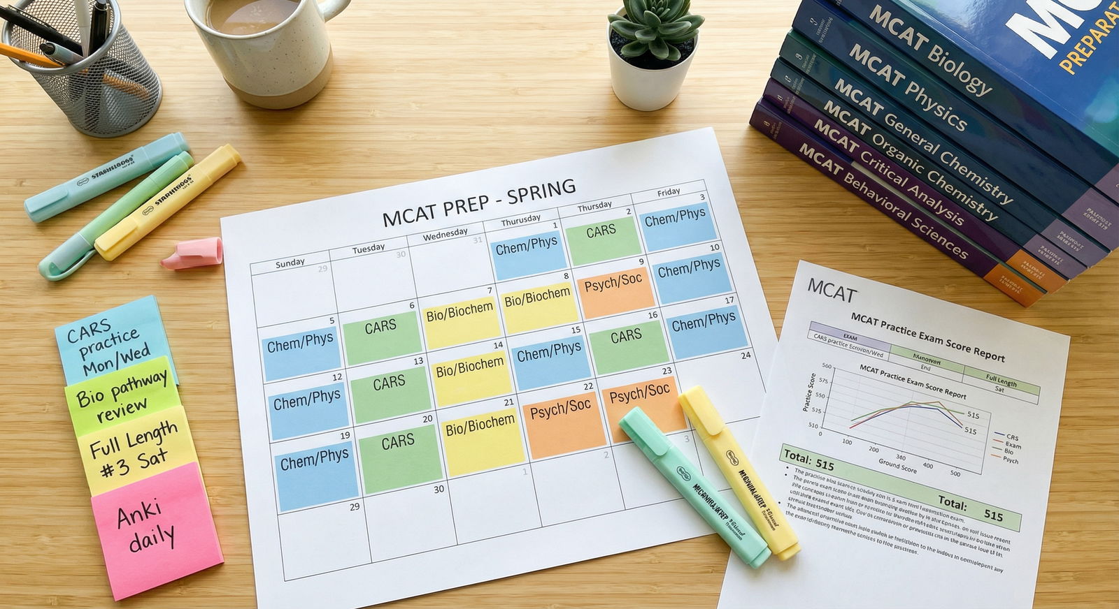 Color-coded MCAT study calendar on desk with student notes - MCAT Preparation for Mastering Time Management for MCAT Success: