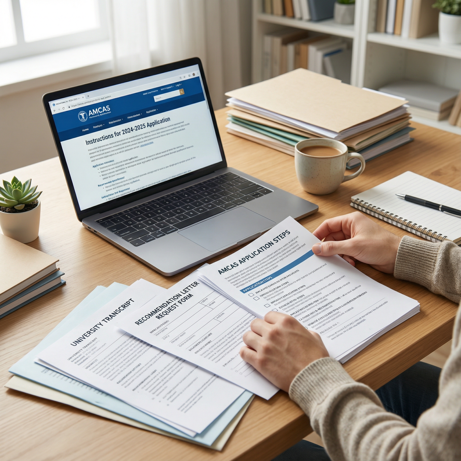 Premed student organizing documents for AMCAS application - AMCAS for Mastering the AMCAS Application: Essential Tips for Fut