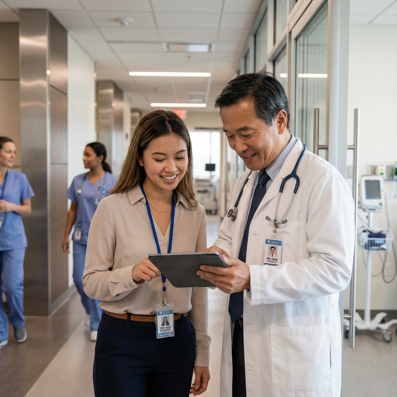 Physician mentoring a pre-med student during clinical shadowing - Medical School Application for Elevate Your Medical School