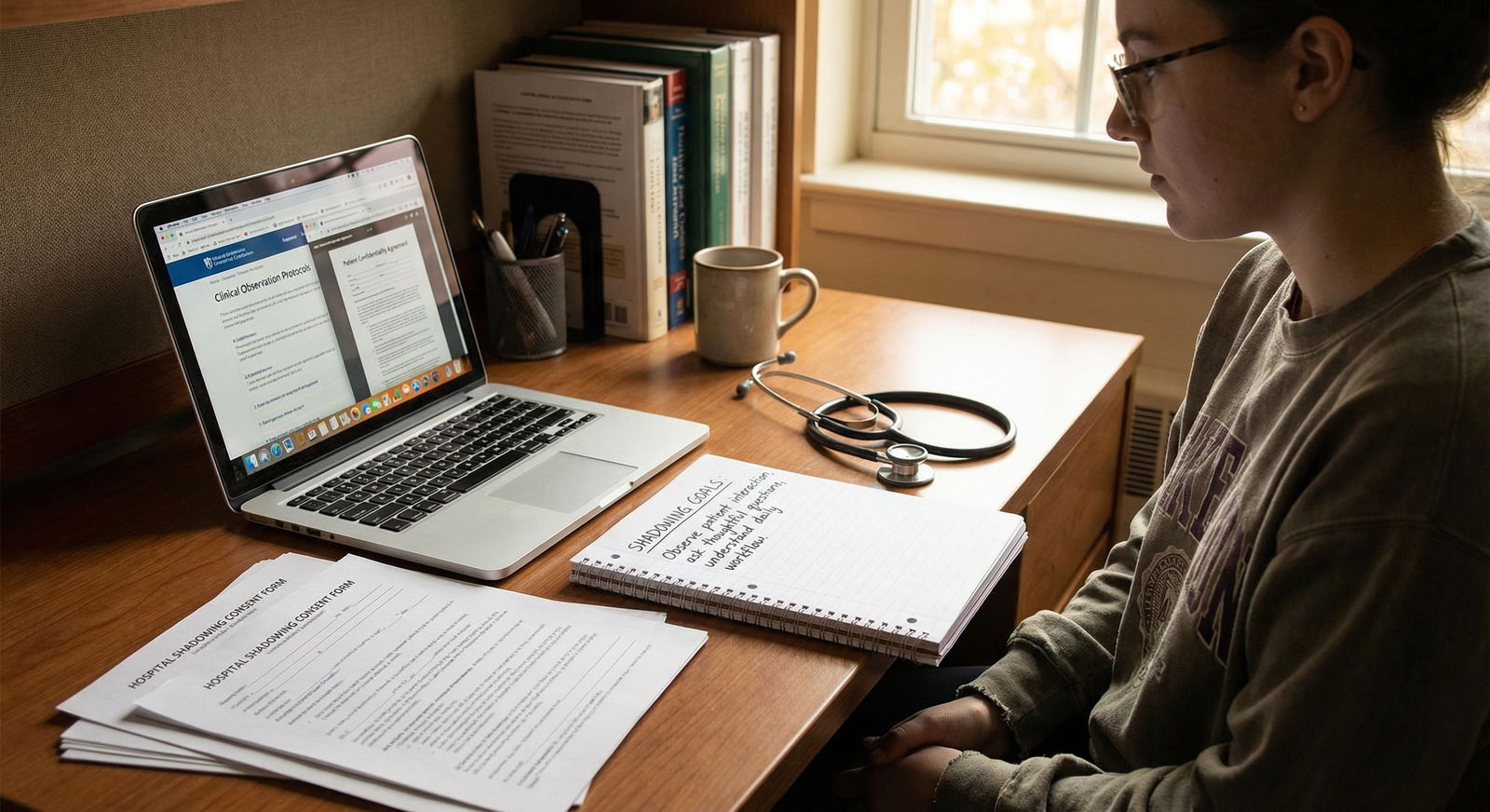 Student preparing for medical shadowing with notes and laptop - Medical Shadowing for Maximize Your Medical Shadowing: Essent