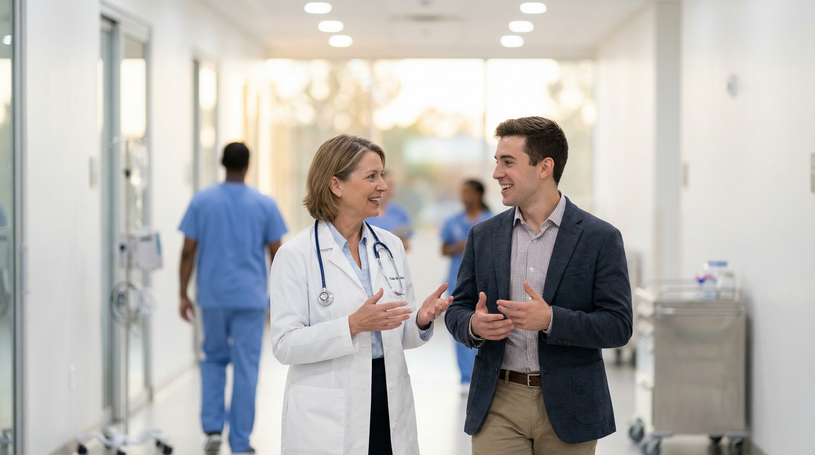 Physician mentoring a premed student in a hospital hallway - Medical Shadowing for Unlocking the Power of Medical Shadowing f