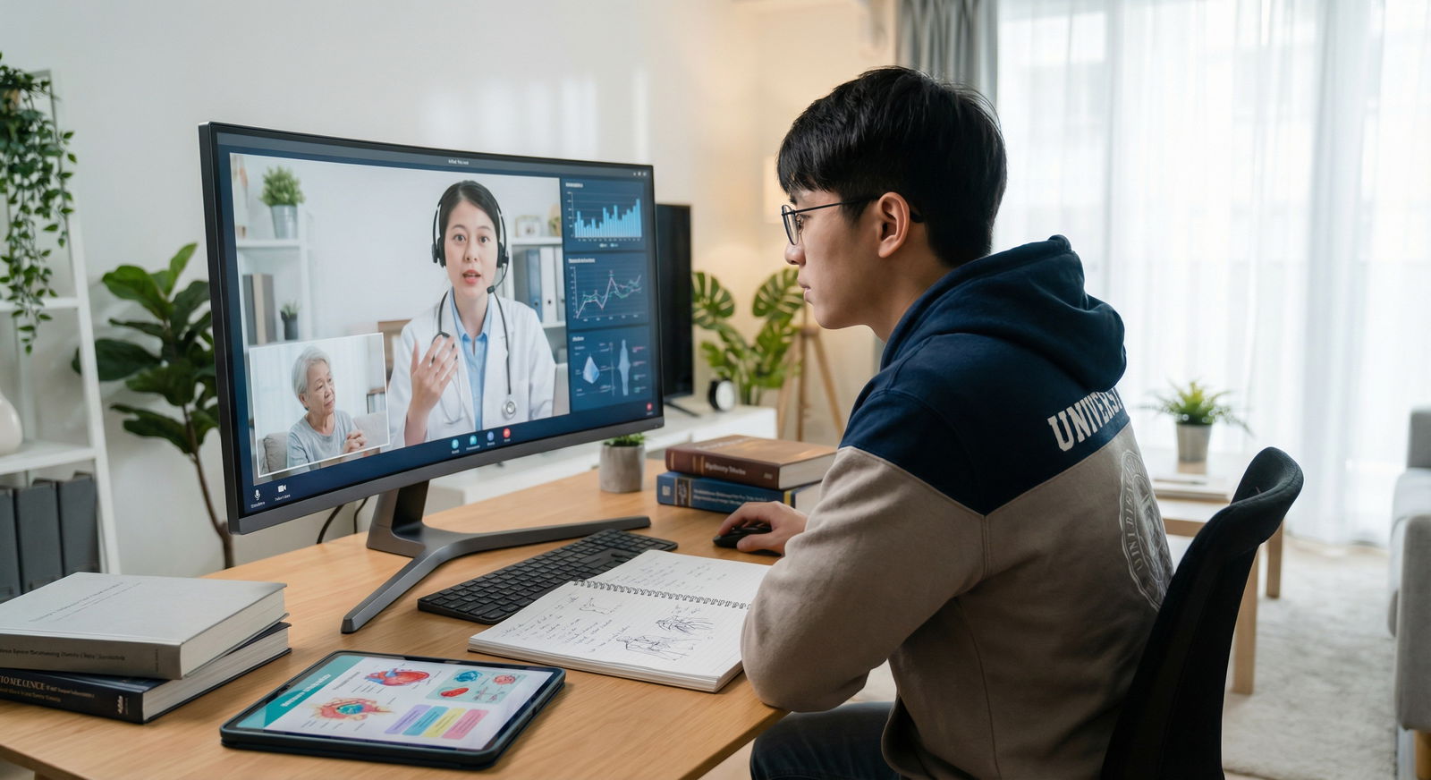 Medical student watching live telehealth consultation as part of virtual shadowing - Virtual Shadowing for Mastering Virtual