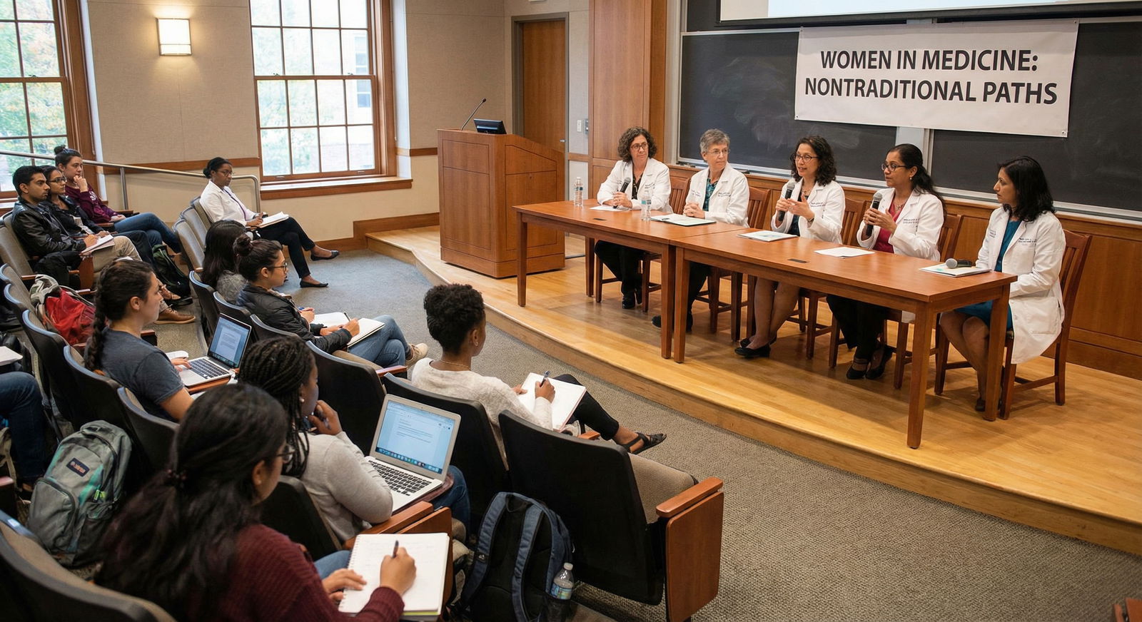Panel of women physicians and medical students discussing nontraditional paths Panel of women physicians and medical students discussing nontraditional paths - Career Transition for Inspiring Career Trans