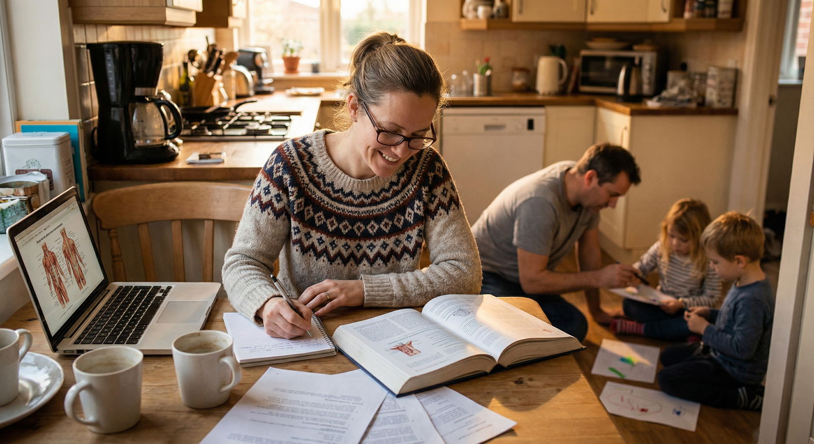 Nontraditional premed student studying at home with family in background Nontraditional premed student studying at home with family in background - late-career transitions for Unlocking Opportunitie
