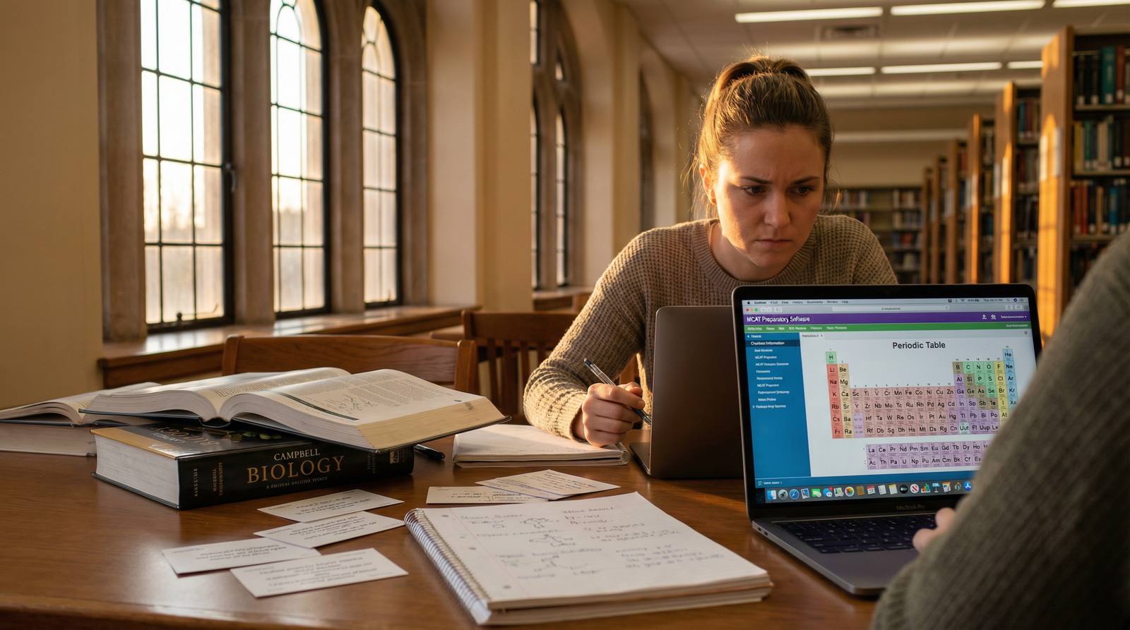 Post-bacc premedical student studying for the MCAT in a university library - Post-Baccalaureate Programs for Unlocking Medica
