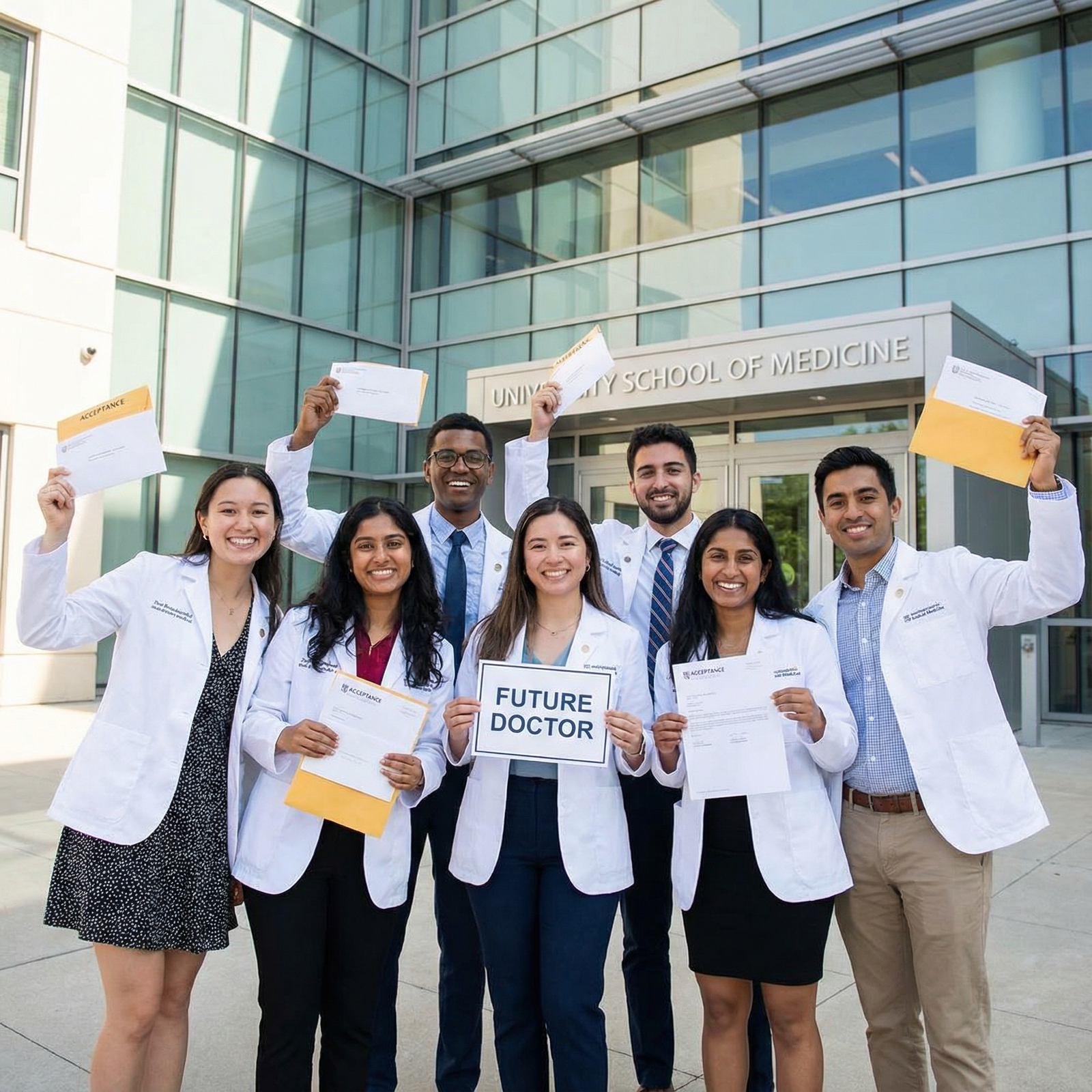 Group of post-bacc premedical students in white coats celebrating acceptance to medical school - Post-Baccalaureate Programs