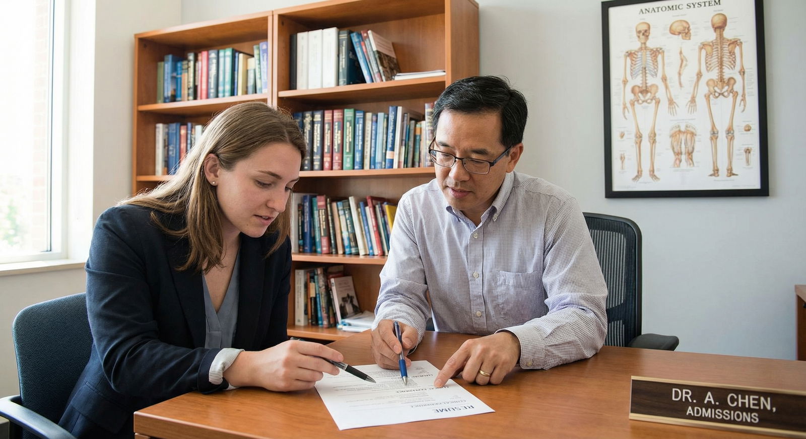 Premed student reviewing a medical school resume with advisor Premed student reviewing a medical school resume with advisor - Medical School for Essential Resume Tips for Medical School S