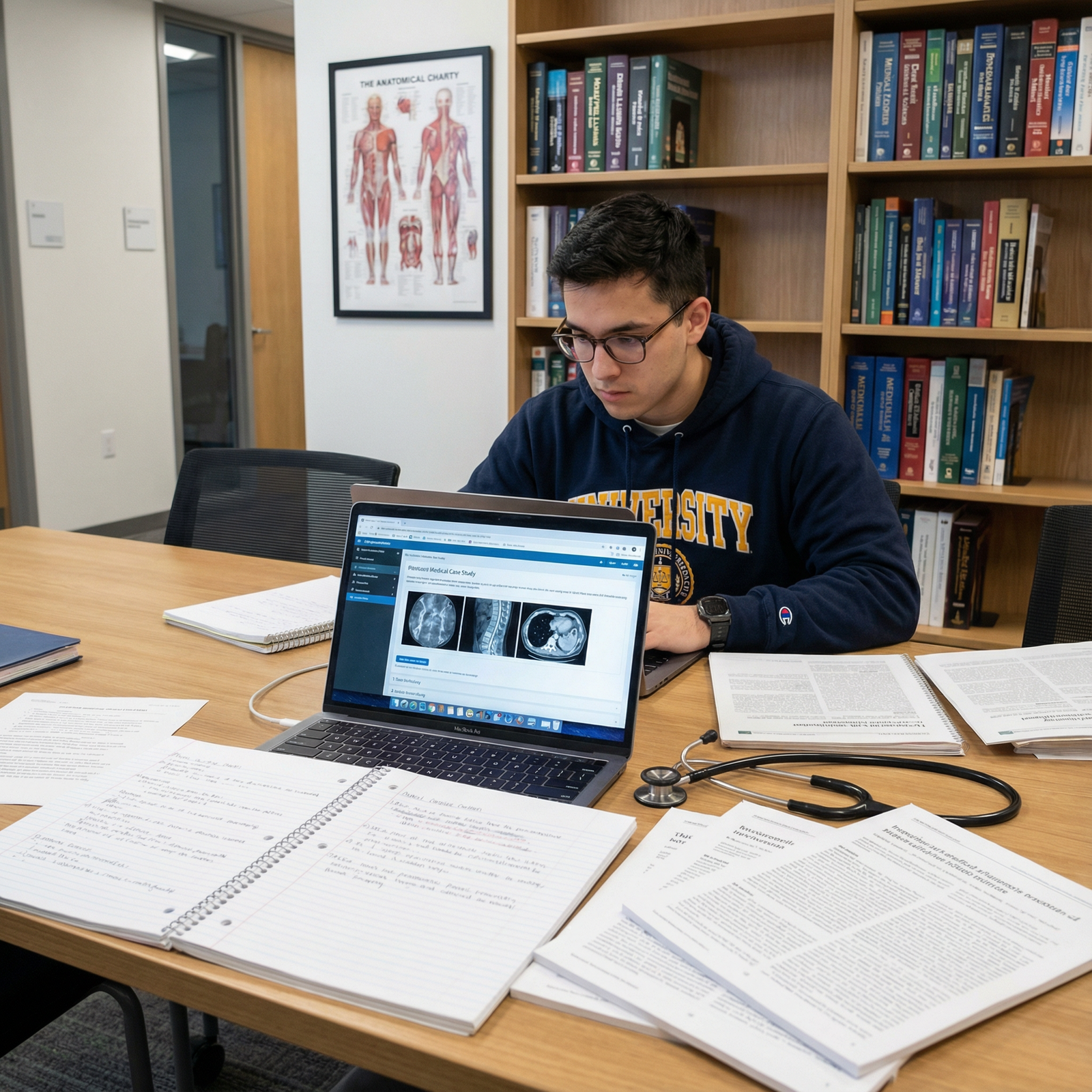 Pre-med student analyzing medical case studies on laptop - Pre-Med Skills for Must-Have Pre-Med Skills for Future Healthcare