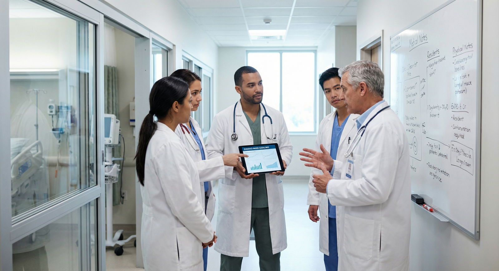 Residents discussing evidence-based guidelines on hospital rounds - Medical Research for Transforming Medical Research into P