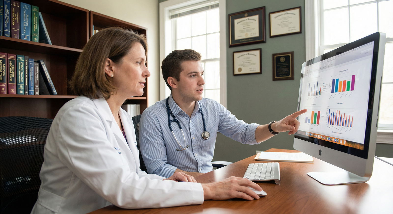 Mentor and medical student discussing research data together Mentor and medical student discussing research data together - Medical Education for Unlocking Opportunities: Why Research Ex