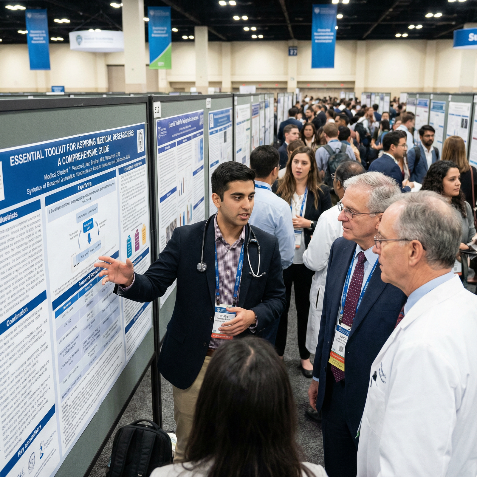 Medical student presenting a research poster at a professional conference - Medical Research for Essential Toolkit for Aspiri