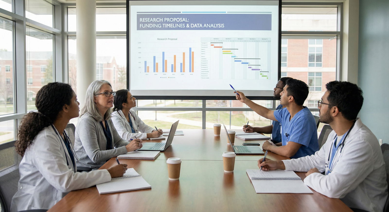 Team of medical trainees and mentor discussing a research proposal - Medical Research for Unlocking Medical Research: Essenti