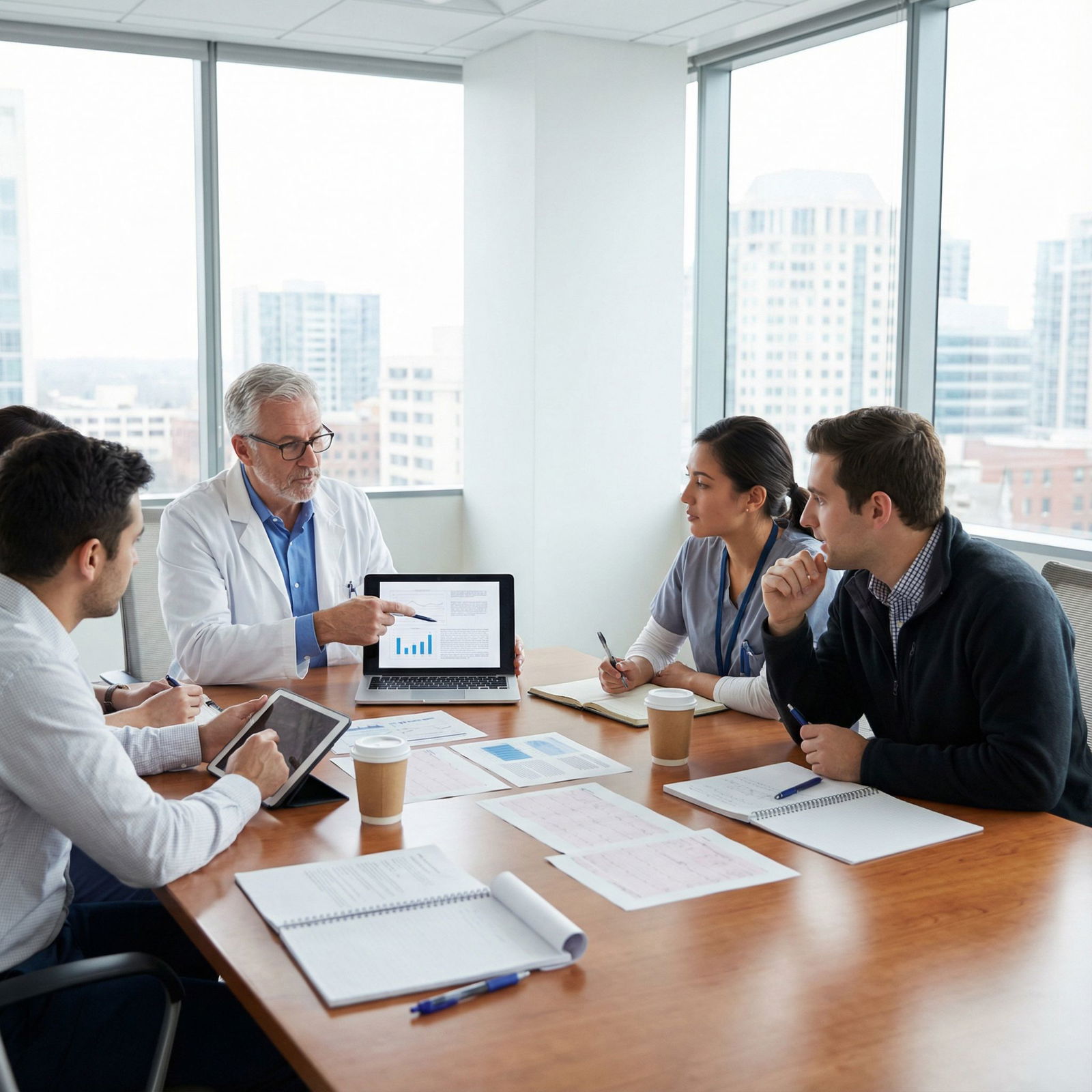 Medical students and mentor discussing research in hospital conference room - Medical Research for Mastering Networking in Me