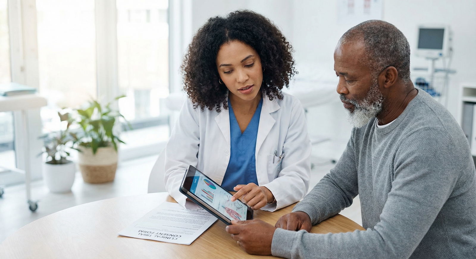Physician discussing a clinical trial with a patient in a hospital setting Physician discussing a clinical trial with a patient in a hospital setting - Medical Research for Transforming Lives: The Rip