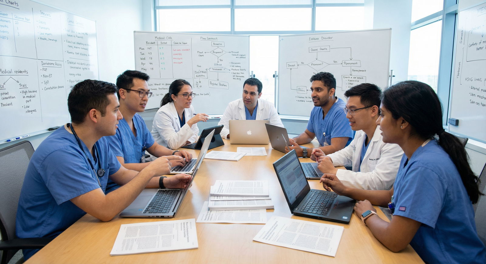 Medical students reviewing research data and clinical guidelines Medical students reviewing research data and clinical guidelines - Medical Research for Transforming Lives: The Ripple Effect