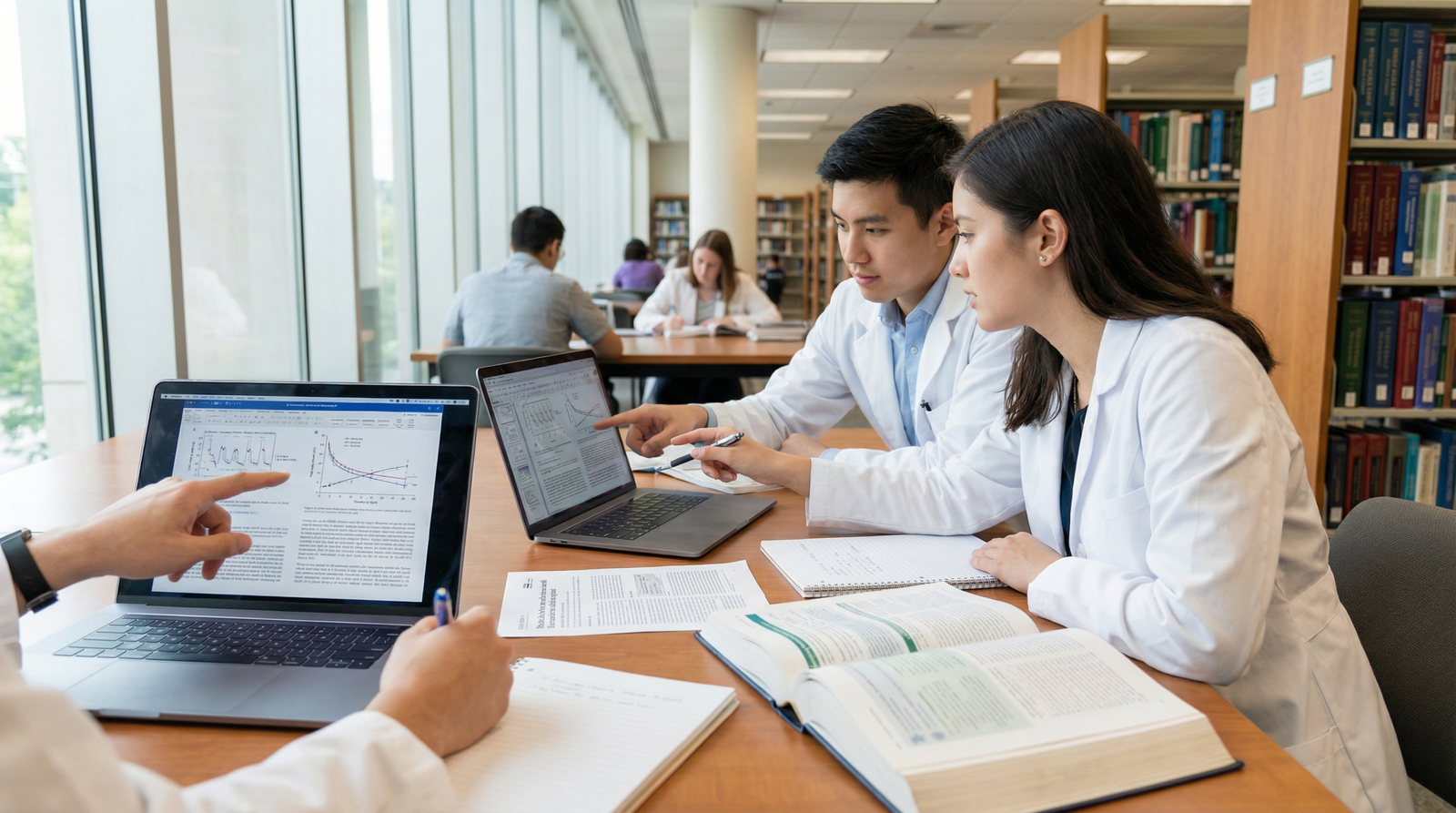 Medical students analyzing clinical data and literature for a research project - Medical Research for Mastering Medical Resea