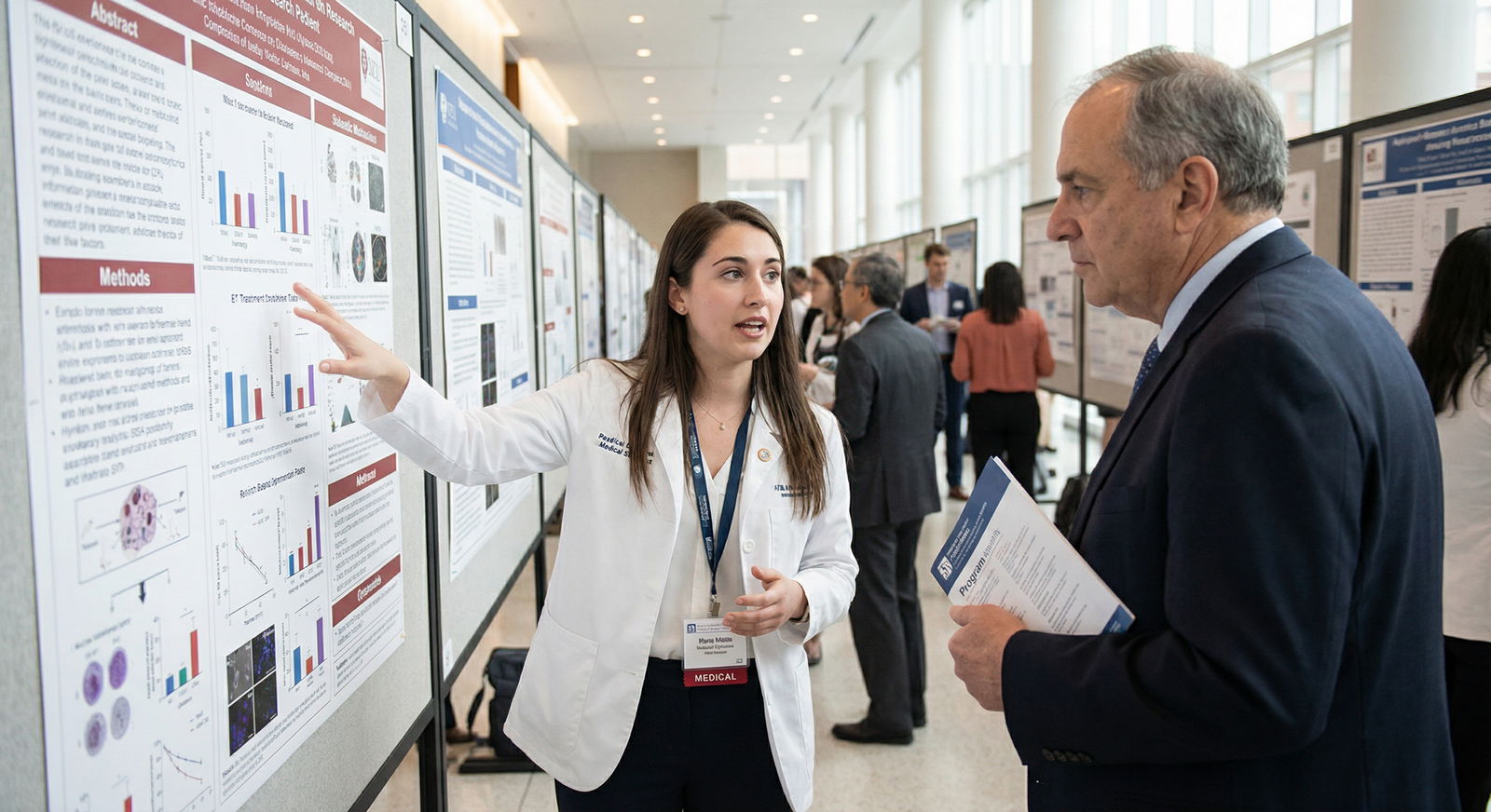 Medical student presenting research poster at academic conference - Medical Research for Mastering Medical Research: Essentia