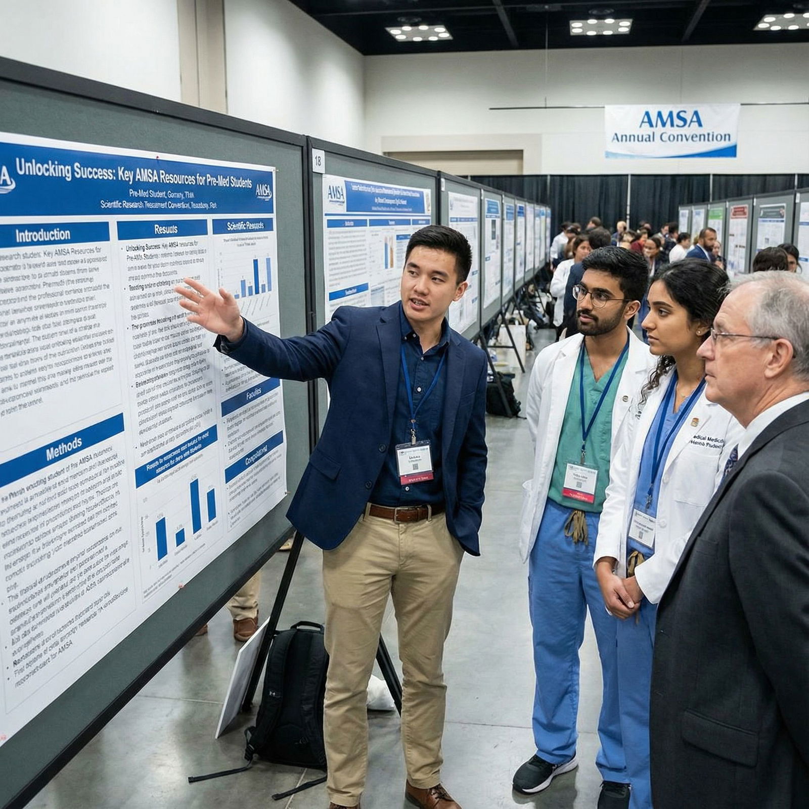 Pre-med student presenting research at an AMSA conference - AMSA for Unlocking Success: Key AMSA Resources for Pre-Med Studen