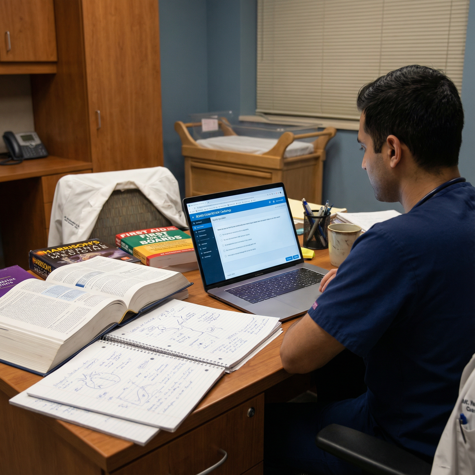 Medical resident practicing board exam questions on a laptop Medical resident practicing board exam questions on a laptop - study techniques for Mastering Residency Board Exams: 10 Essen
