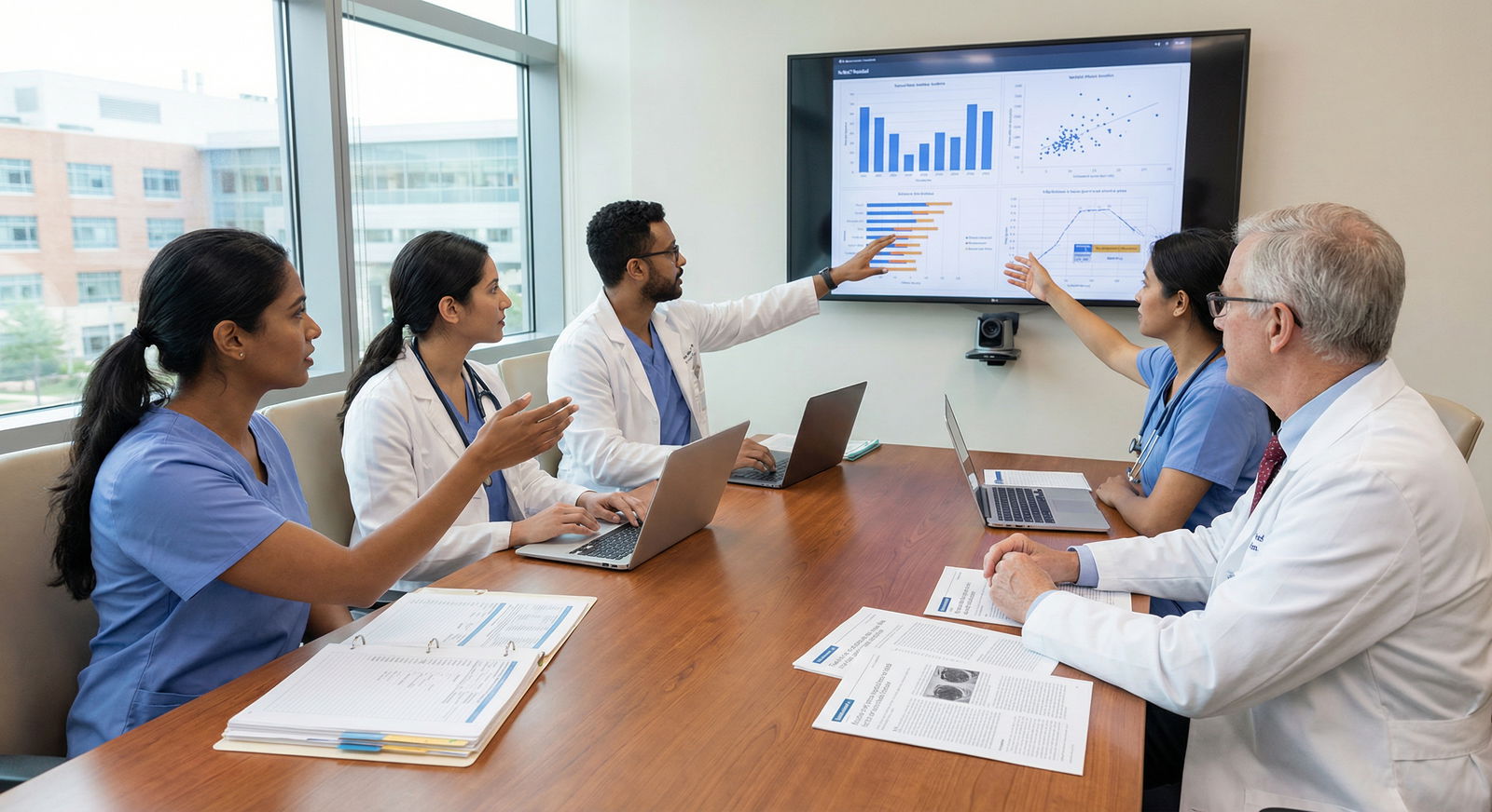 Team of residents and attending physician collaborating on a clinical research project - Fellowship Applications for Maximize