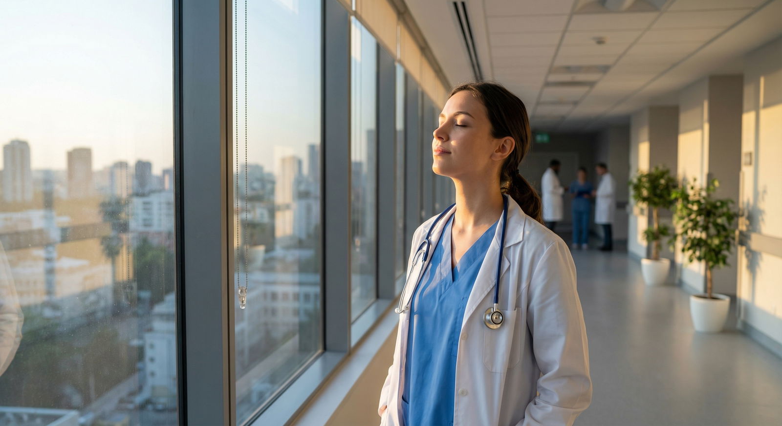 Medical intern taking a brief mindful break by a hospital window - Intern Life for Mastering Intern Life: Navigating Busy Day