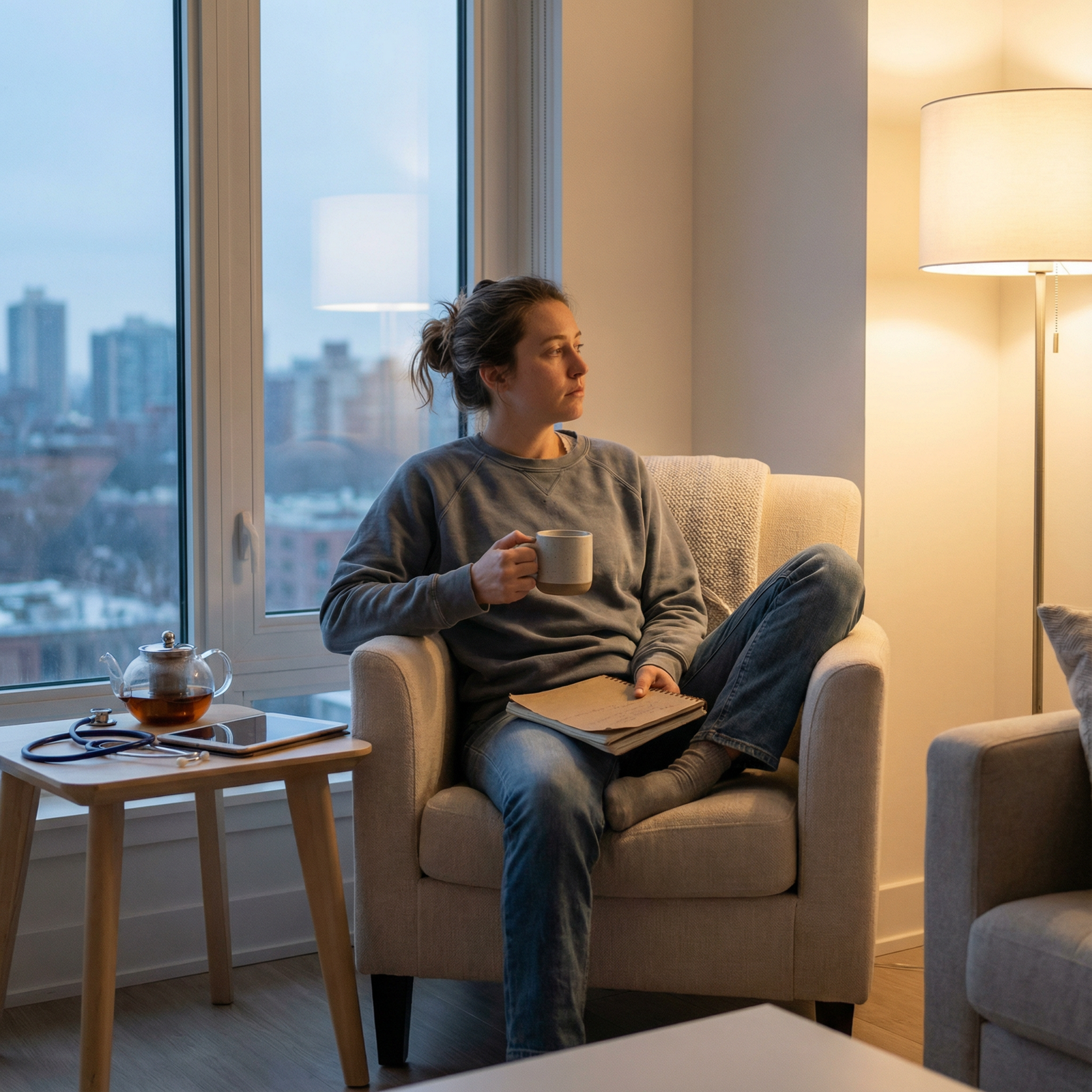 Stressed medical intern practicing self-care after hospital shift - Medical Internship for Mastering Medical Internship: Esse