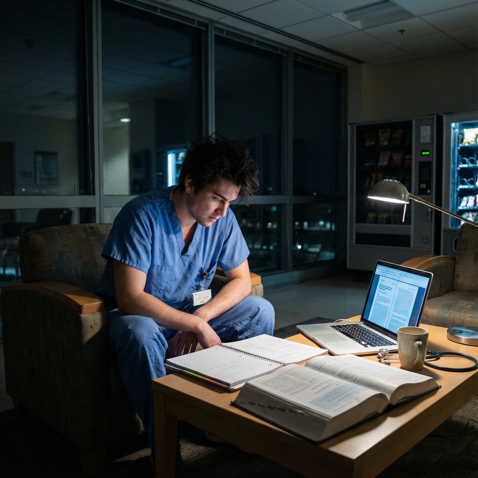 Medical intern reflecting and studying after a long hospital shift - Medical Internship for Mastering the Intern Year: Balanc