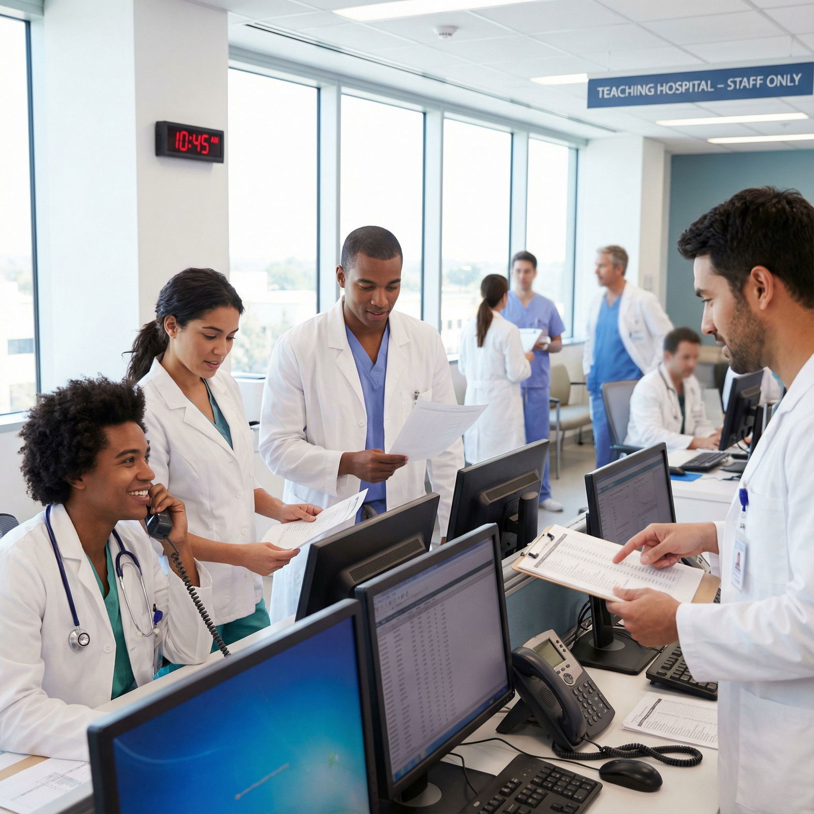 Medical interns collaborating at workstation Medical interns collaborating at workstation - Internship Challenges for Navigating Your First Year as a Medical Intern: Esse