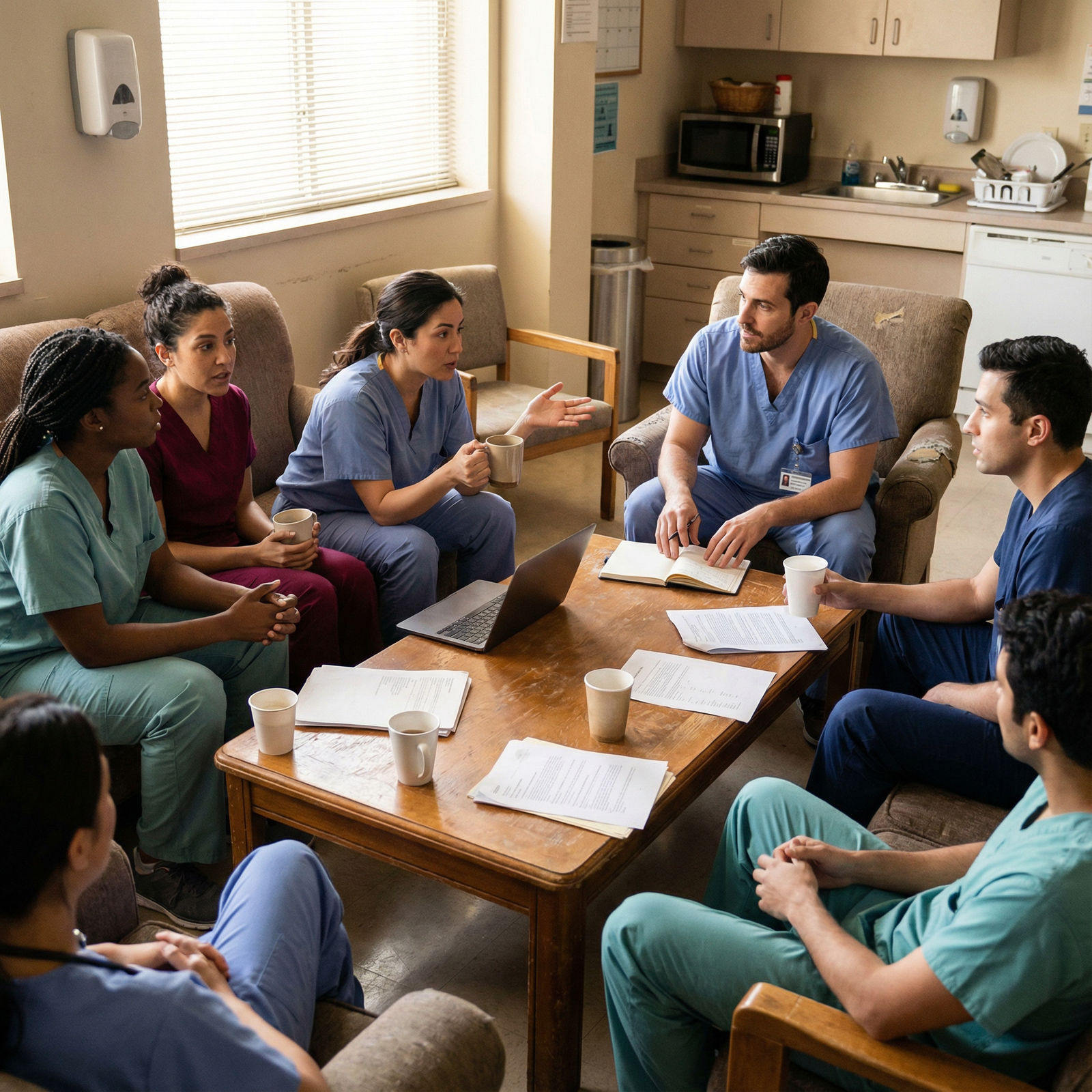 Medical team debriefing in hospital break room - Medical Internships for Mastering Medical Internships: Balancing Patient Car