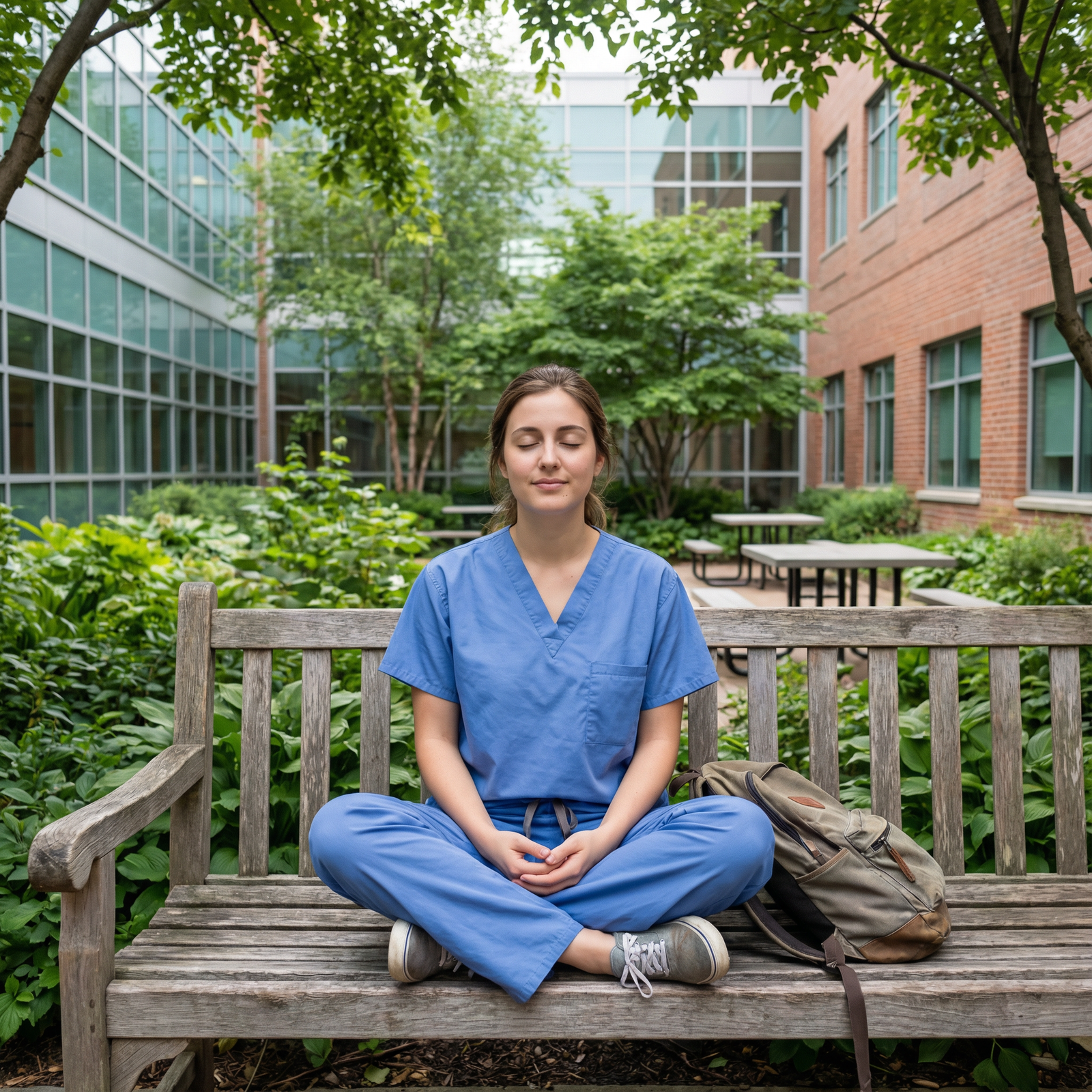 Resident doctor practicing mindfulness in a quiet hospital courtyard - Medical Internships for Mastering Medical Internships: