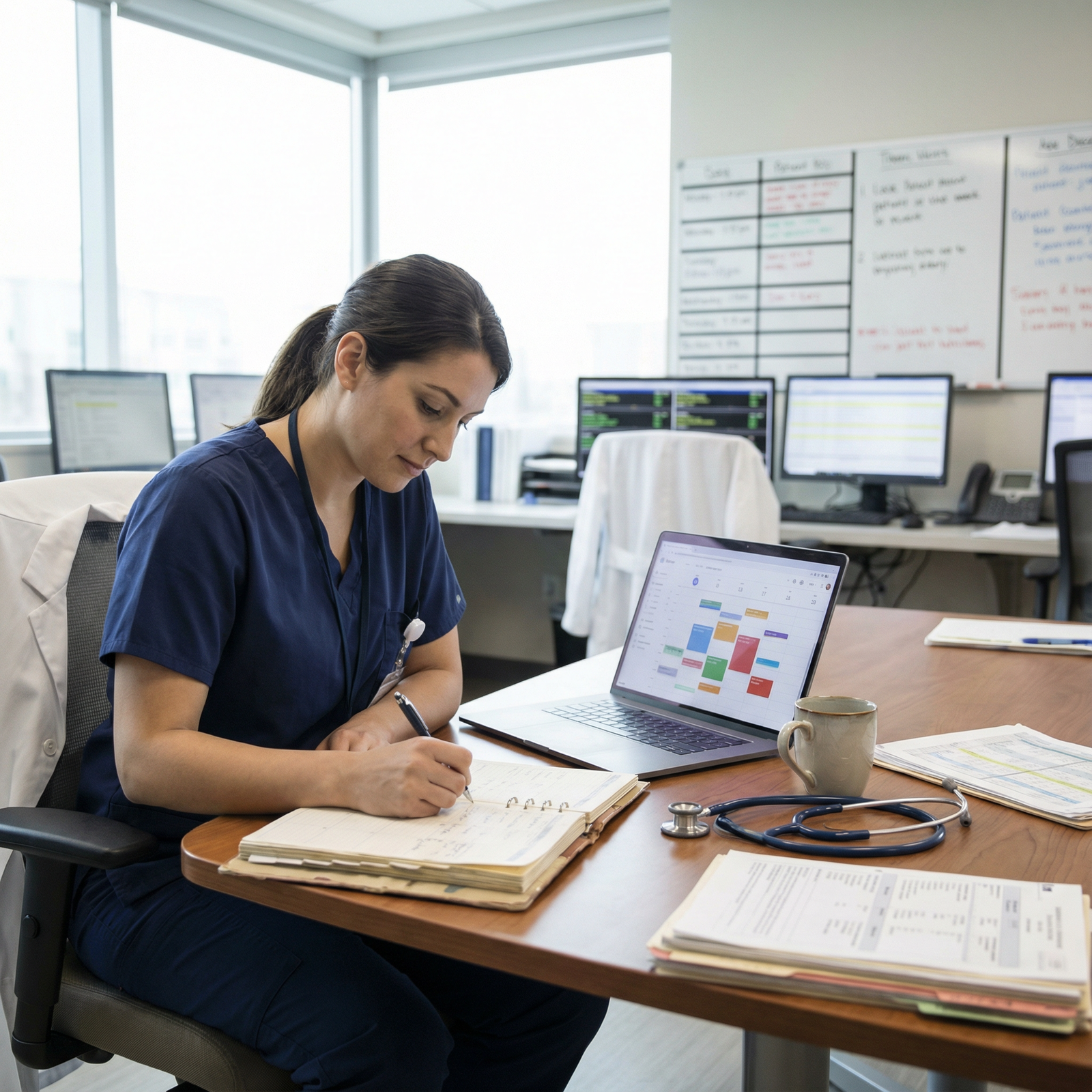 Medical intern planning day with digital and paper tools - Time Management for Mastering Time Management: Essential Hacks for