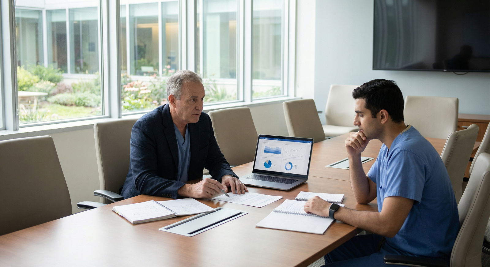 Attending physician mentoring resident during a post-rounds debrief Attending physician mentoring resident during a post-rounds debrief - Delegation for Mastering Delegation: Essential Skills f