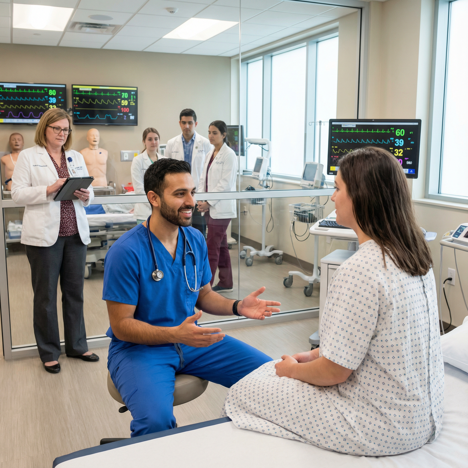 Resident practicing communication skills in a simulated patient encounter Resident practicing communication skills in a simulated patient encounter - Medical Leadership for Mastering Effective Commun