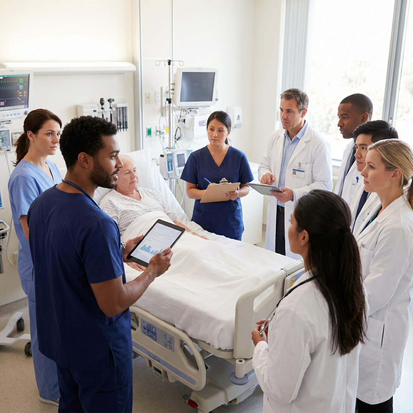 Resident physician leading bedside rounding with multidisciplinary team Resident physician leading bedside rounding with multidisciplinary team - Medical Leadership for Master Medical Leadership: E