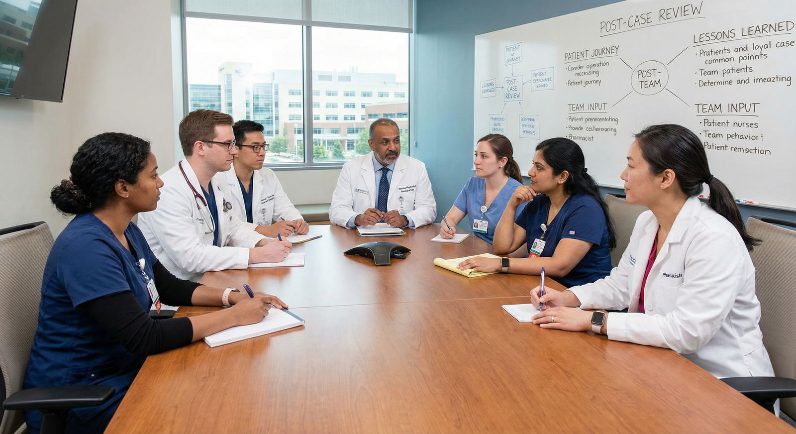 Medical team debriefing and reflecting together - Leadership in Medicine for Empower Your Healthcare Team: Mastering Leadersh