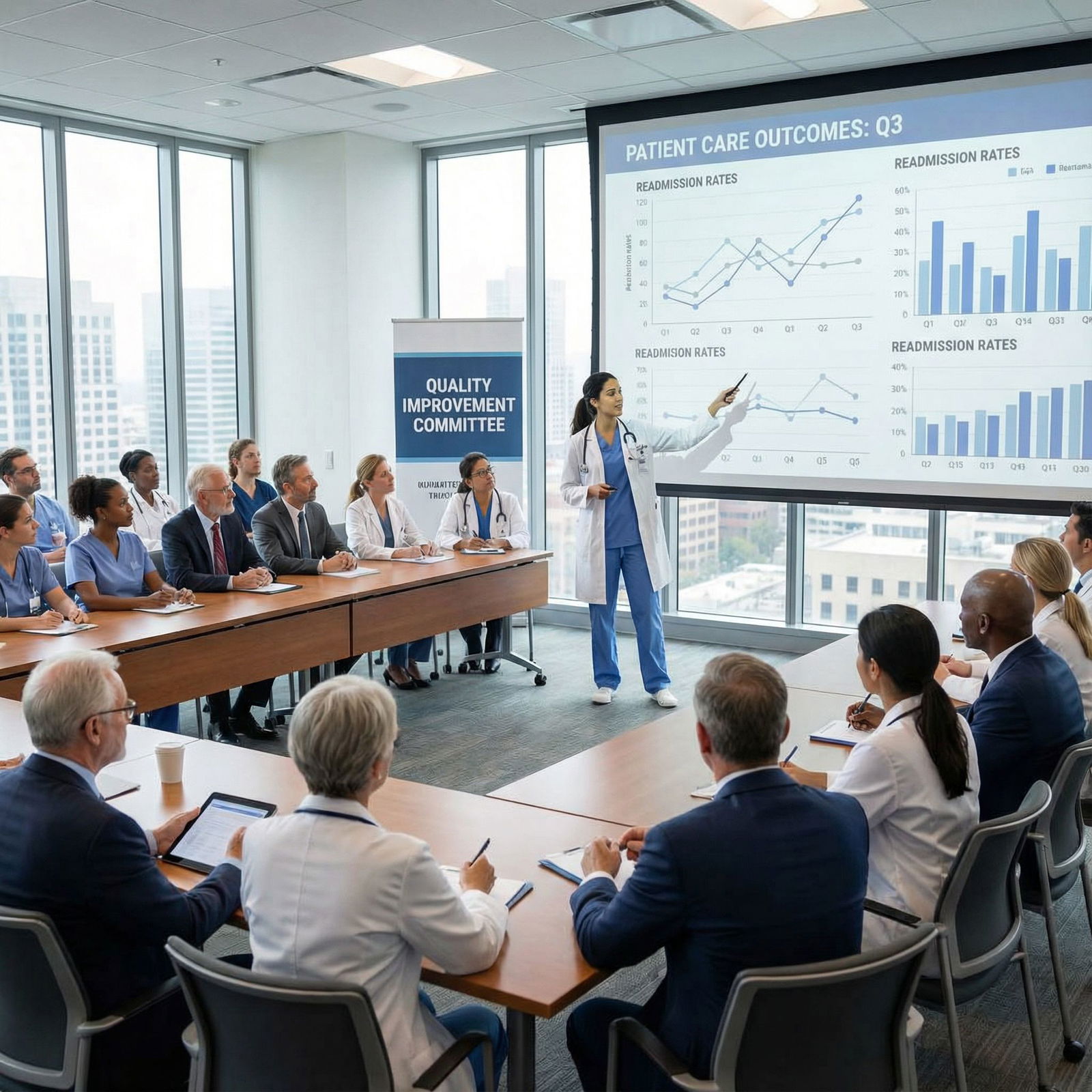 Resident physician speaking at a hospital quality improvement meeting - Medical Leadership for Mastering Medical Leadership: