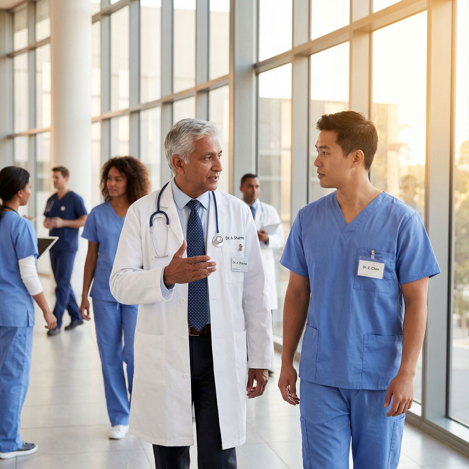 Physician mentoring a resident in a hospital hallway - Medical Leadership for Mastering Medical Leadership: Overcoming Challe