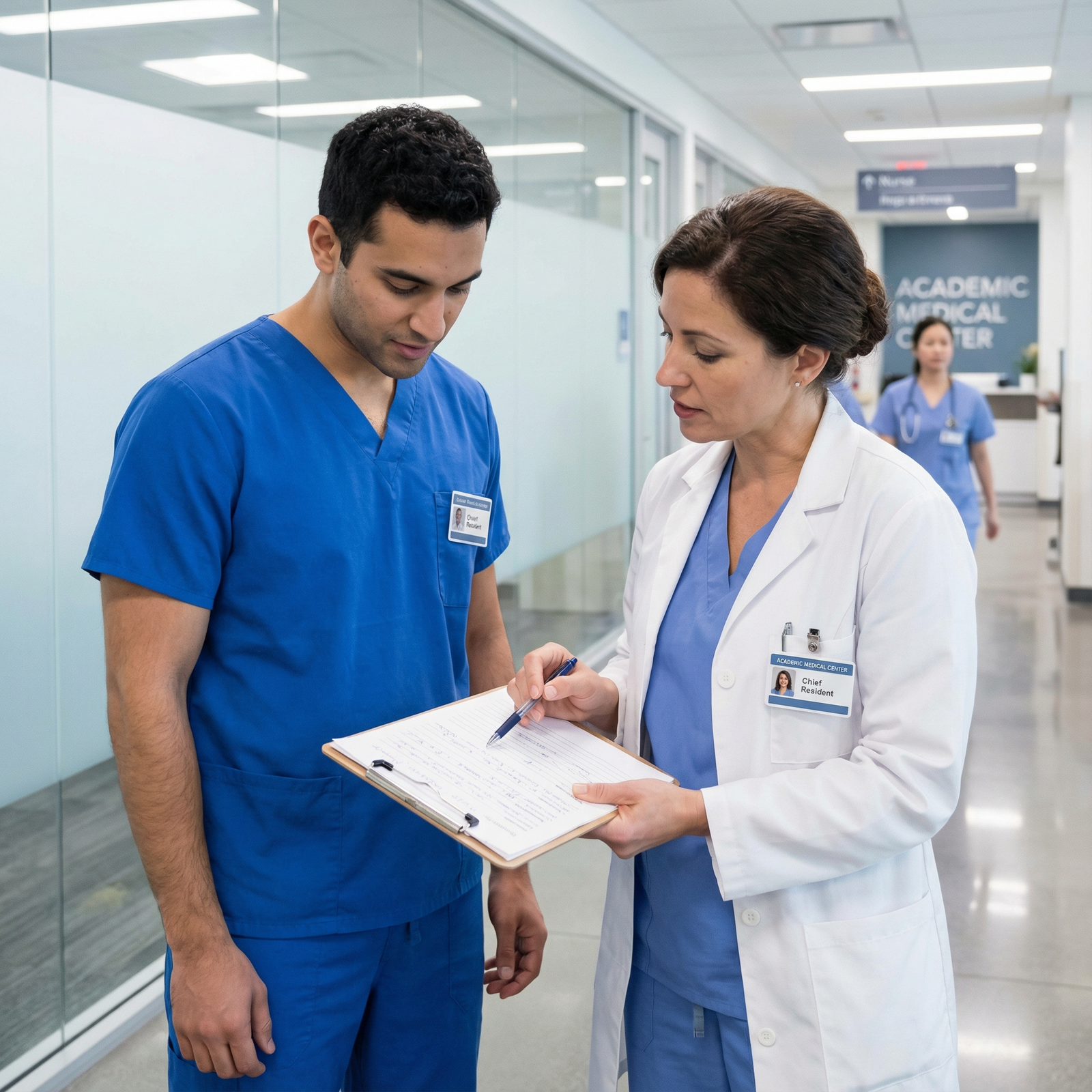 Chief resident mentoring junior doctor in hospital corridor - Medical Leadership for The Essential Role of Chief Residents in
