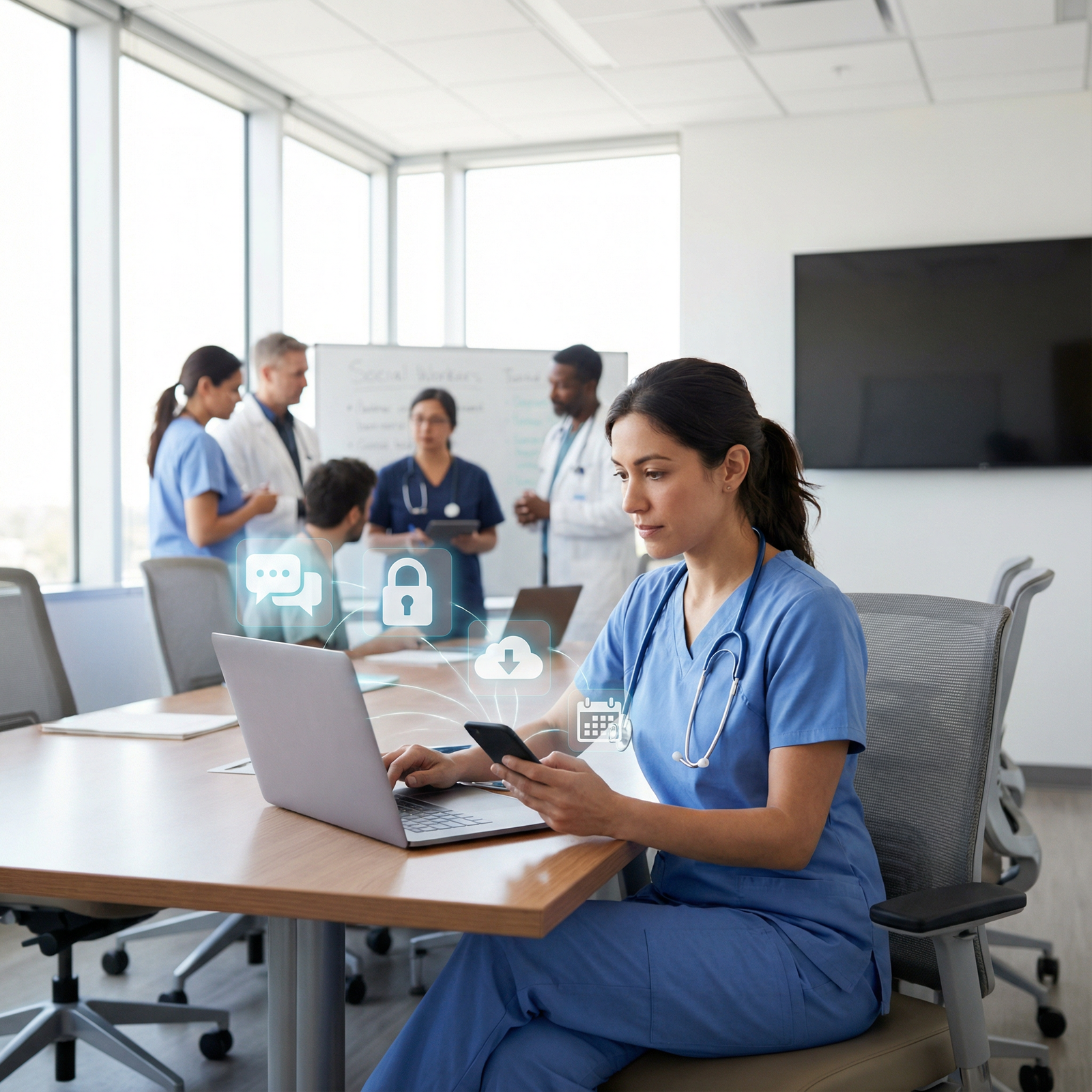 Resident physician coordinating care with team using digital communication tools - Leadership in Healthcare for Essential Lea