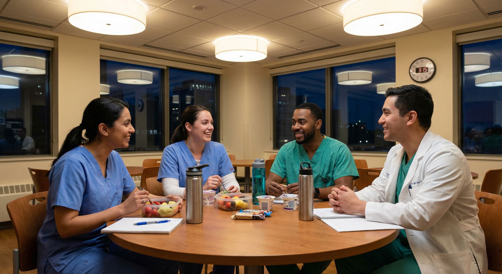 Night shift medical team sharing a supportive moment during a break Night shift medical team sharing a supportive moment during a break - Night Shift Workers for Mastering Night Shift Life: Top