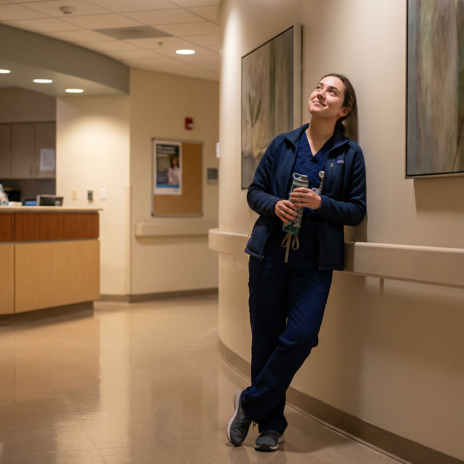 Night shift resident taking a brief reflective break in a hospital corridor Night shift resident taking a brief reflective break in a hospital corridor - Night Shift Support for Maximize Your Night Shi