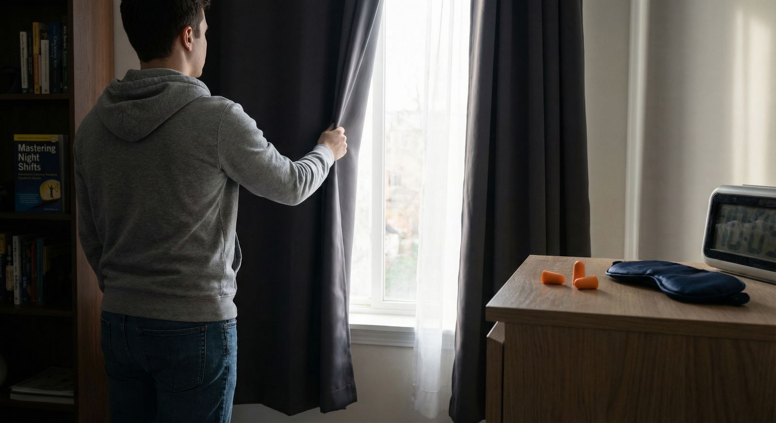 Resident preparing a dark, quiet bedroom for post-night shift sleep Resident preparing a dark, quiet bedroom for post-night shift sleep - Night Shift Workers for Mastering Night Shifts: Essenti