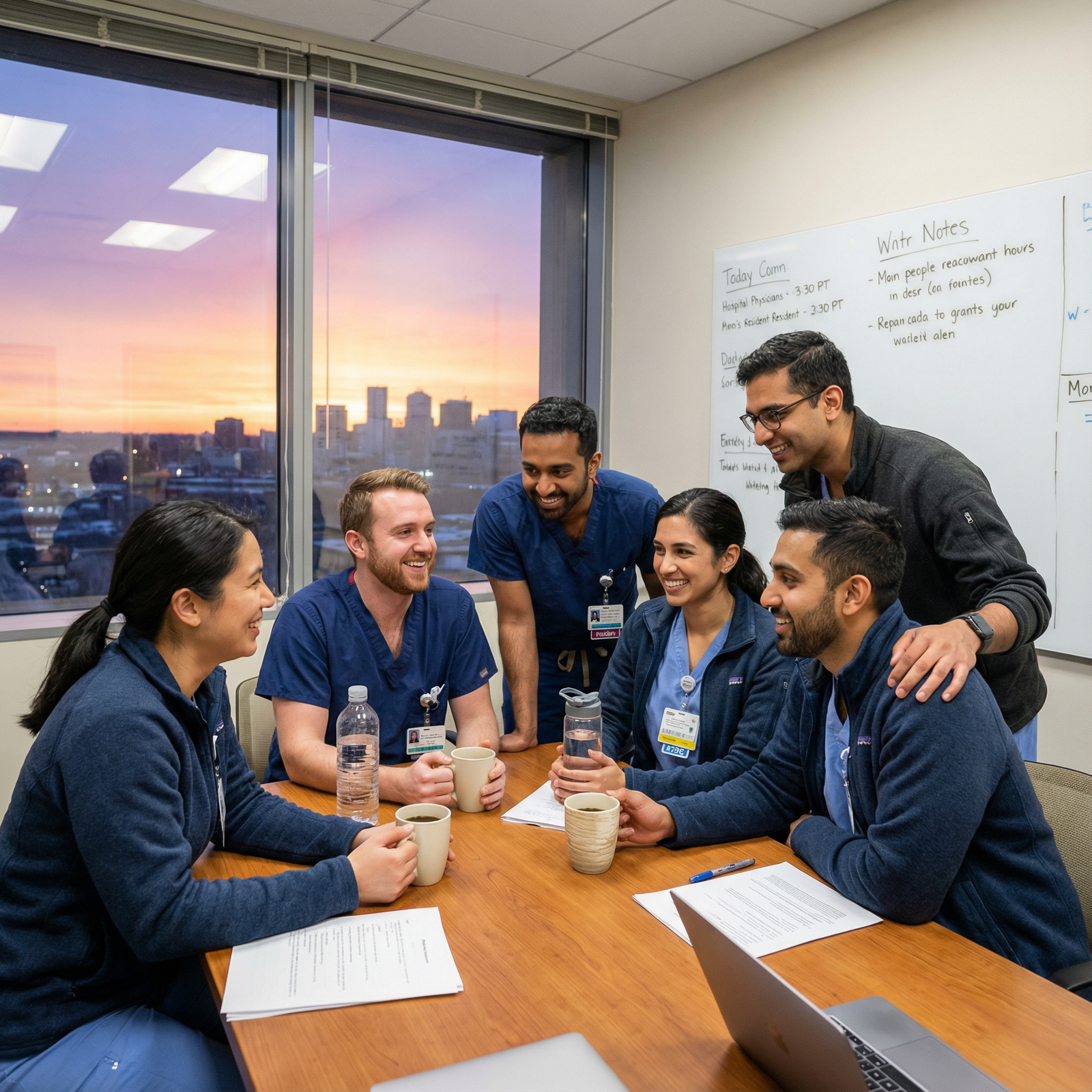 Night shift medical team debriefing and supporting each other at dawn Night shift medical team debriefing and supporting each other at dawn - Night Shift Workers for Mastering Night Shifts: Essen